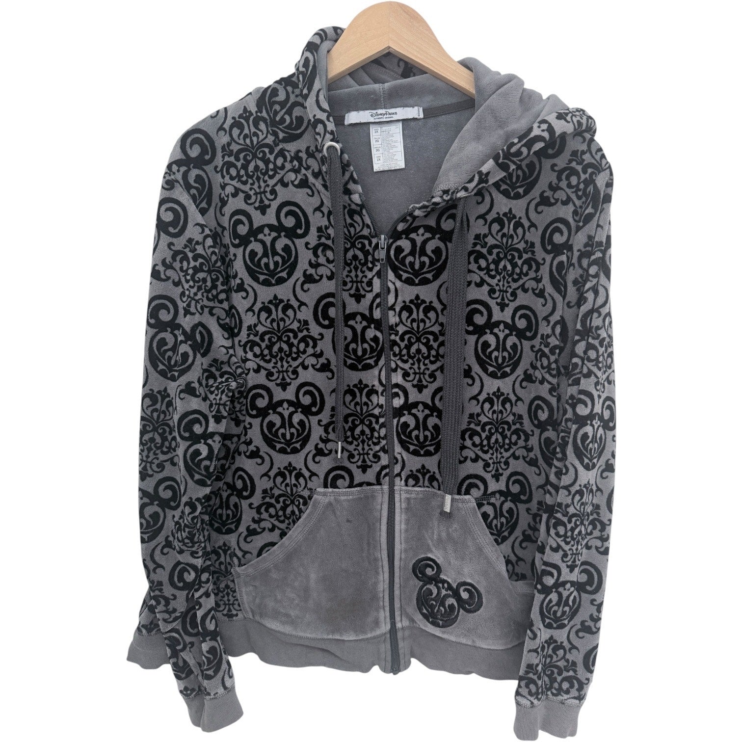 Disney Parks Mickey Mouse Hoodie Womens 2X Gray Black Velour Zip Up Jacket