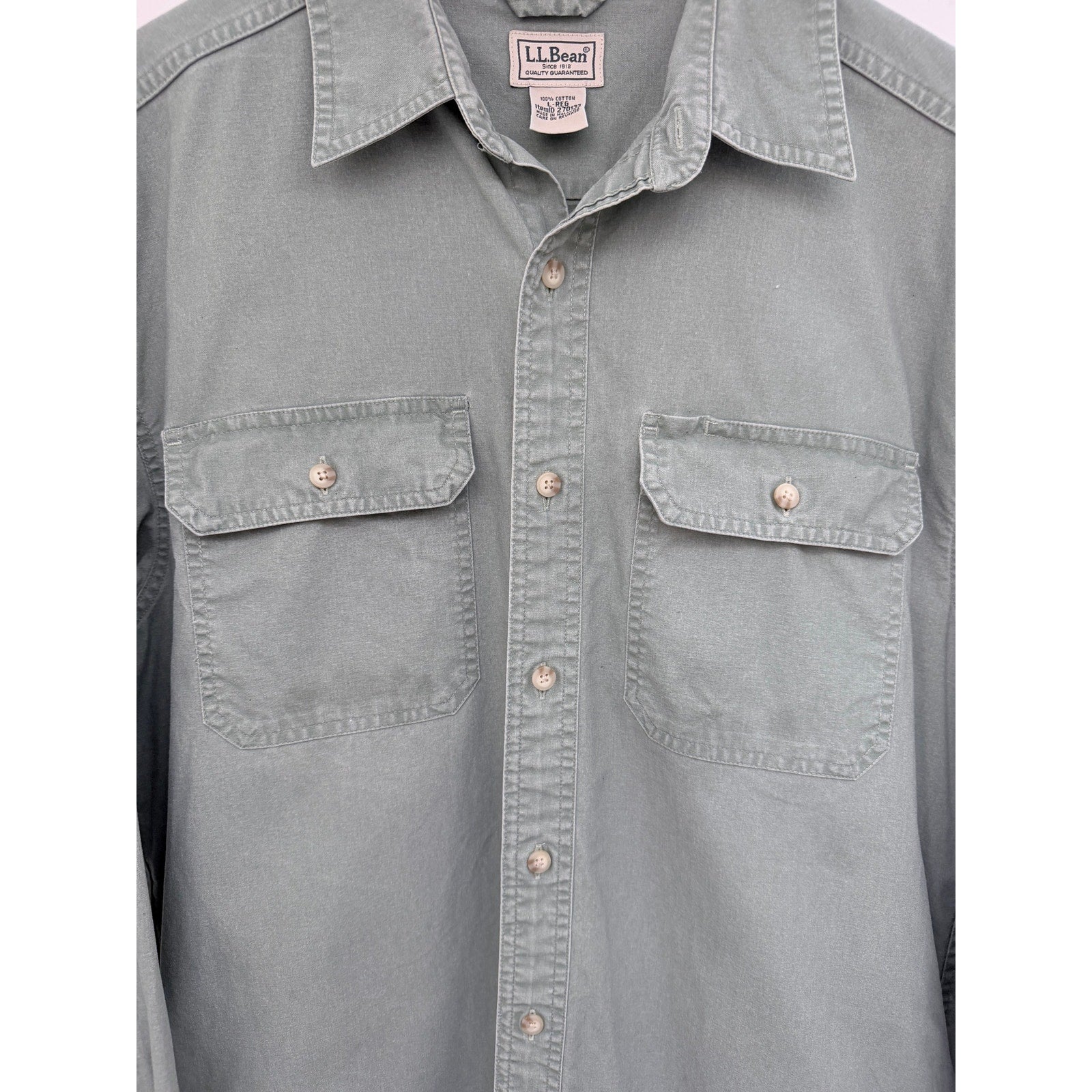 LL Bean Traditional Fit Button Up Shirt Mens Large Green Long Sleeve Cotton
