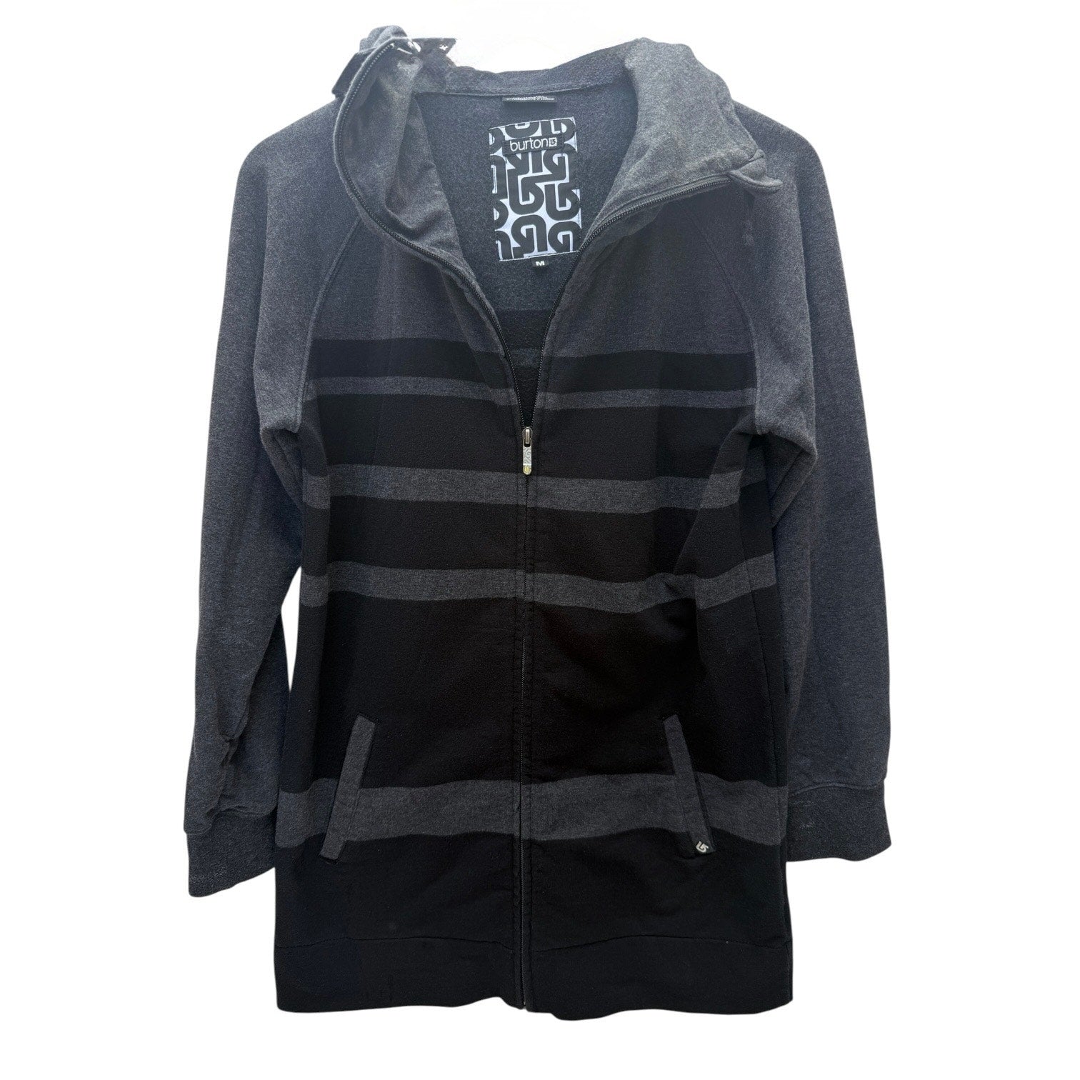 Burton Full Zip Hoodie Mens Medium Gray Black Striped Skate Snowboard Jacket