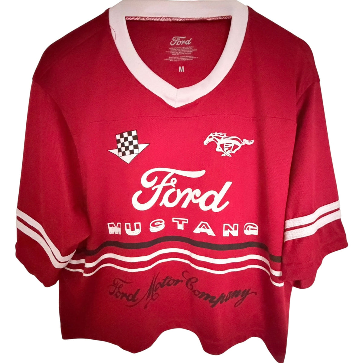 Ford Red Mustang Racing Graphic V-Neck Shirt Jersey - Women's M