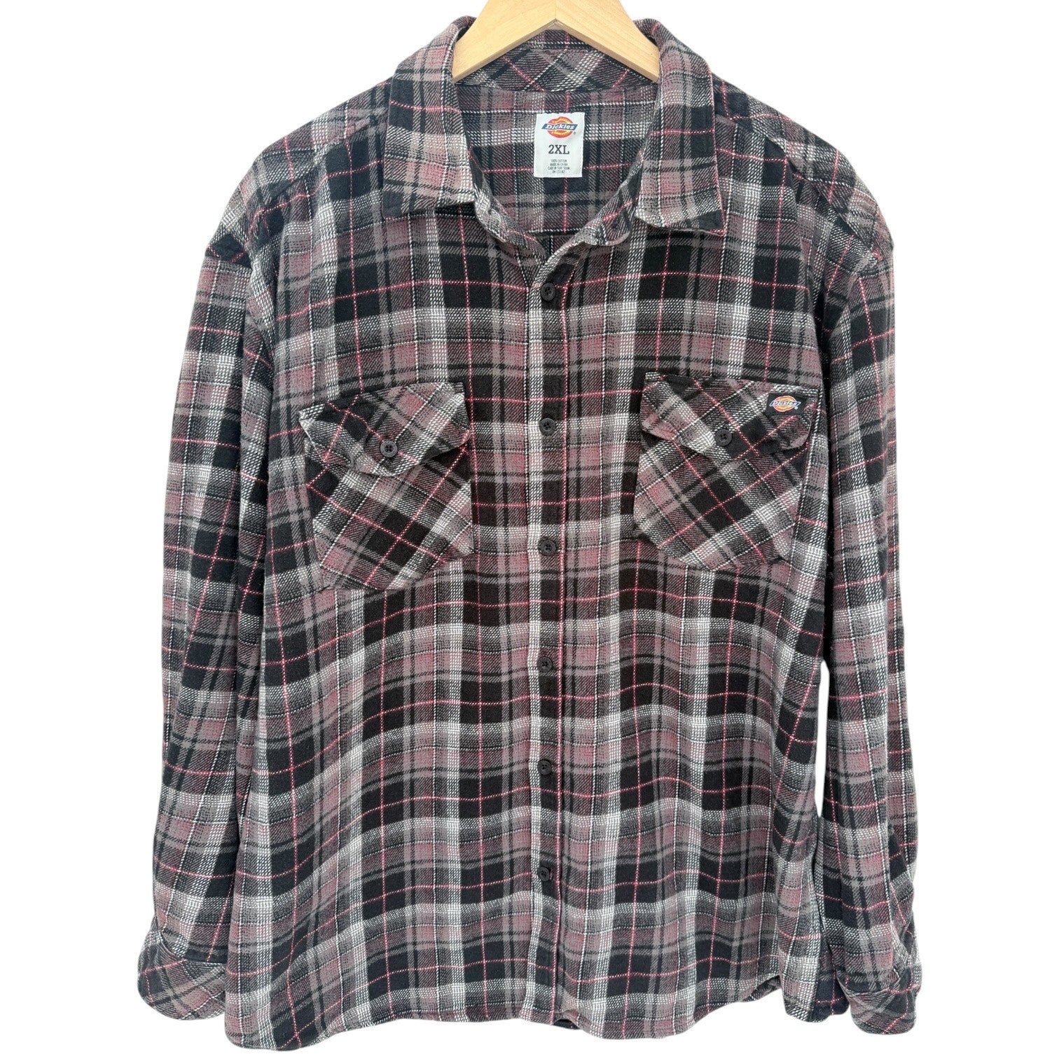 Dickies Flannel Shirt Mens 2XL Gray Red Plaid Workwear Button Up