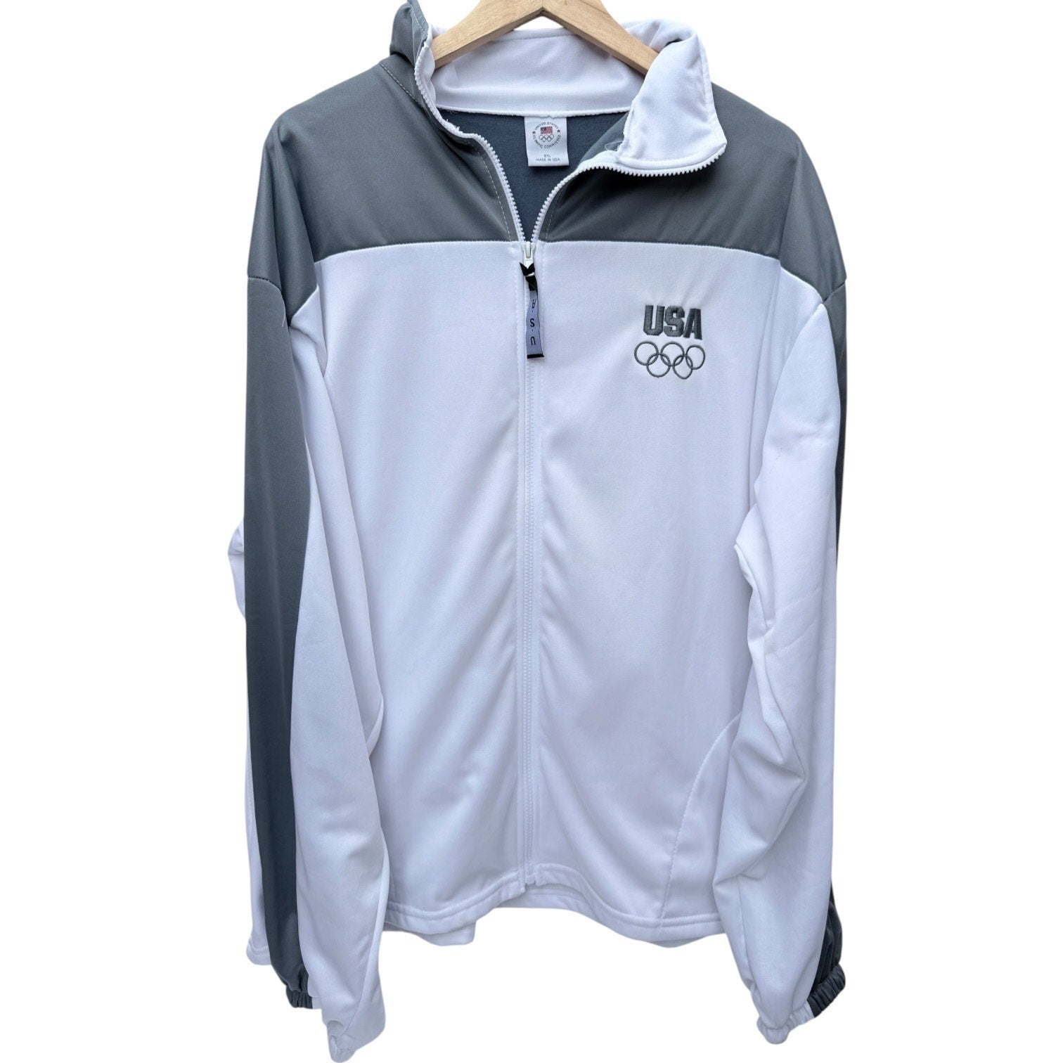 USA Olympic Team Jacket Mens 2XL White Gray Full Zip Made In USA Track Jacket