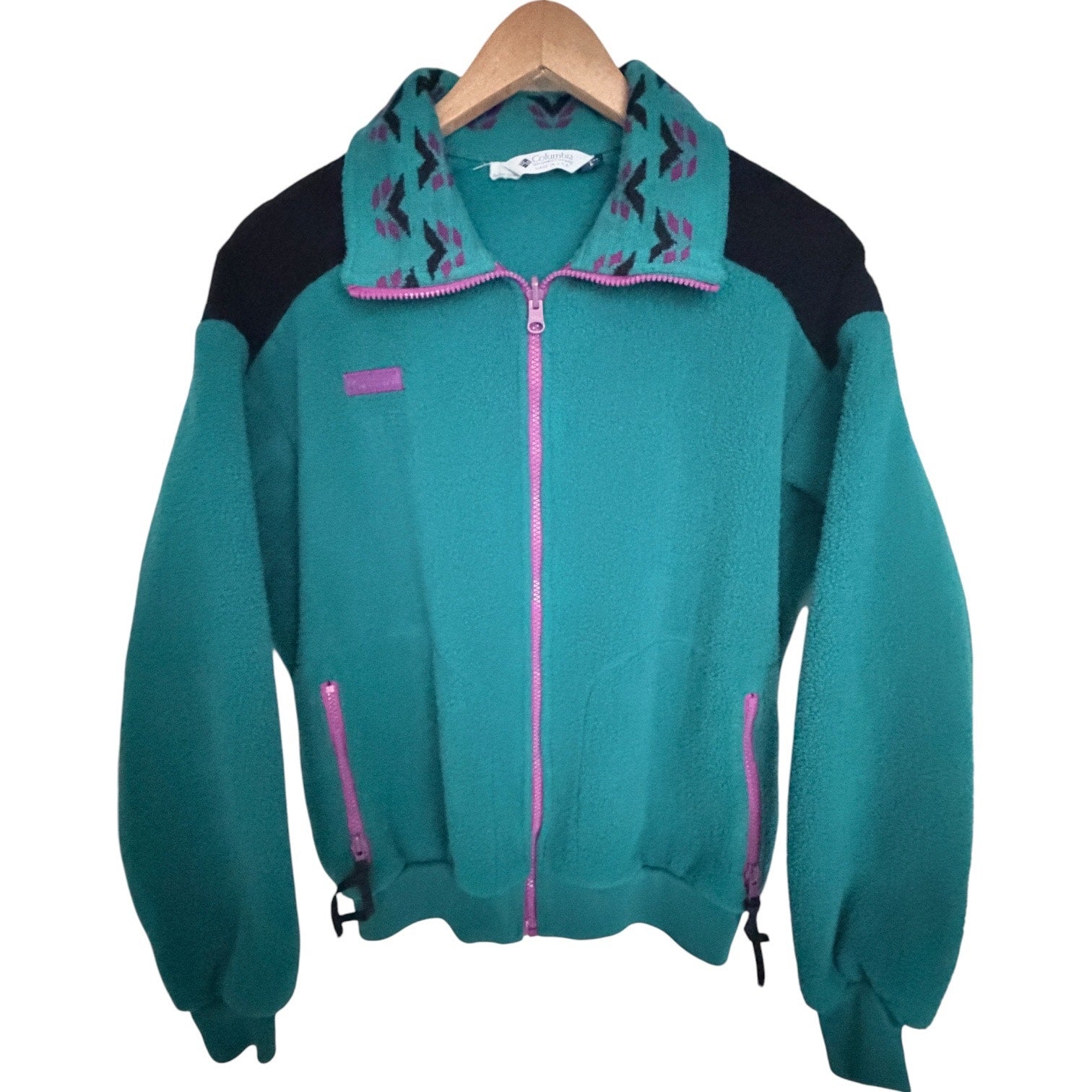 Vintage Columbia Radial Sleeve Fleece Jacket Womens Large Teal Purple Made USA