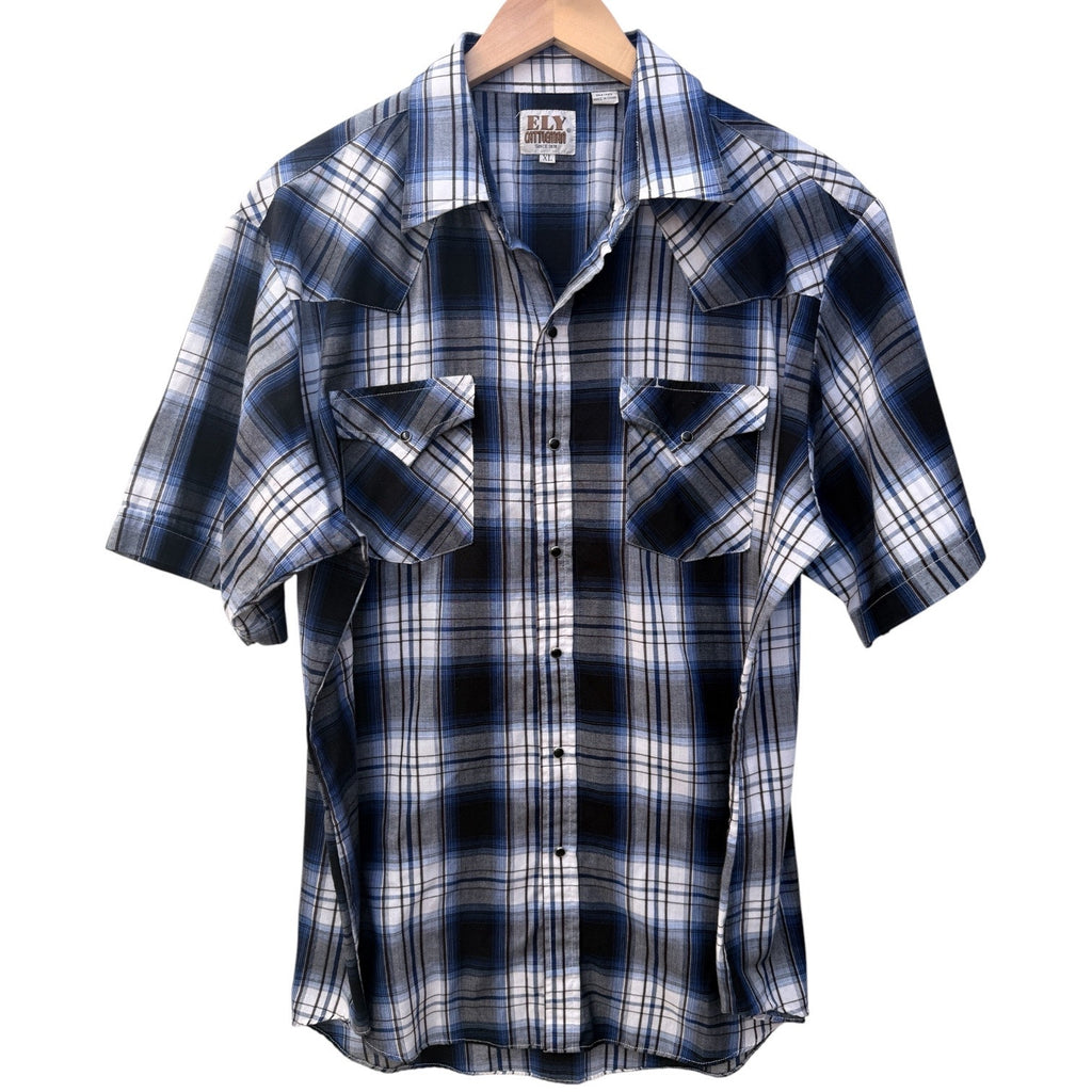Ely Cattleman Shirt Mens XL Blue Plaid Western Pearl Snap Short Sleeve Cowboy