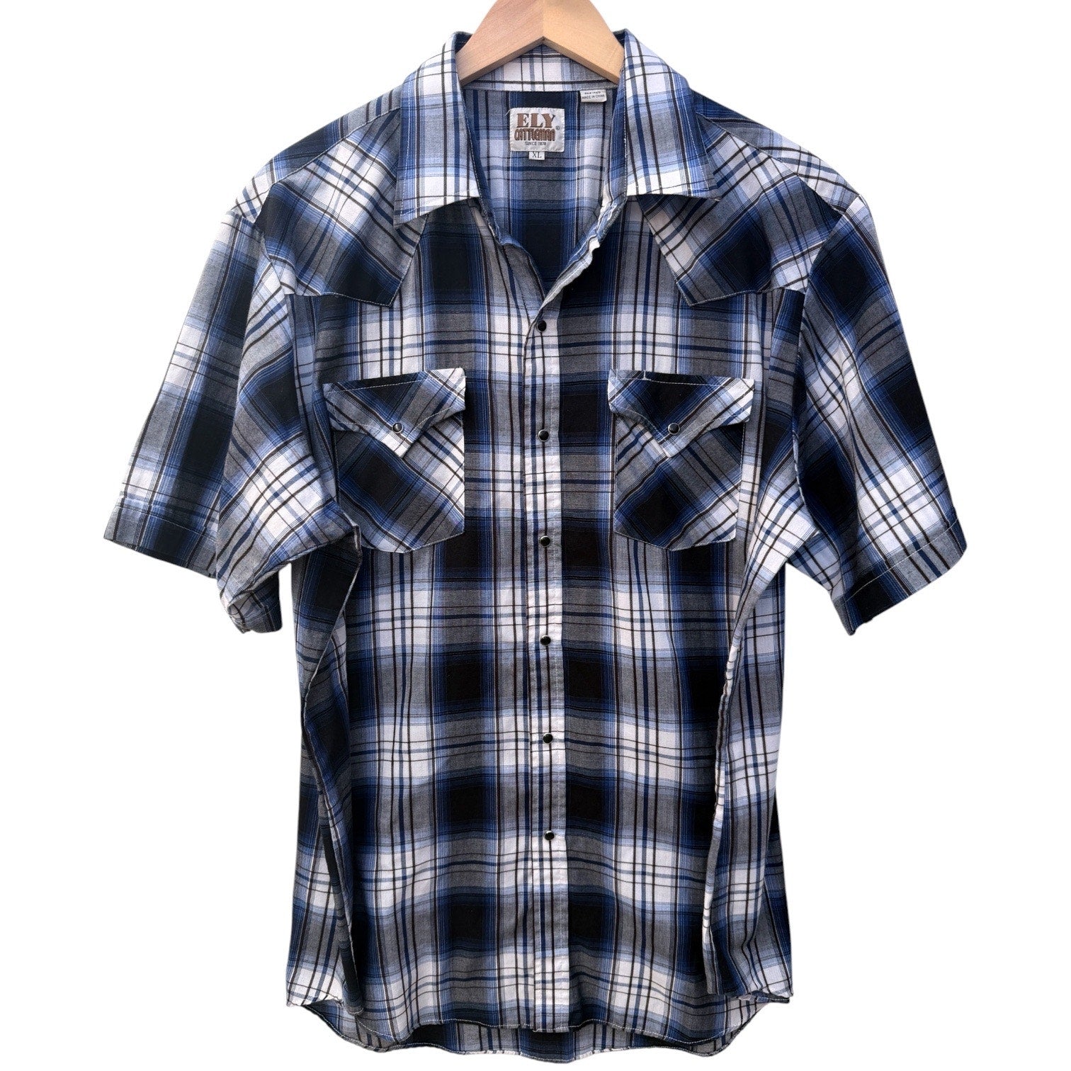 Ely Cattleman Shirt Mens XL Blue Plaid Western Pearl Snap Short Sleeve Cowboy