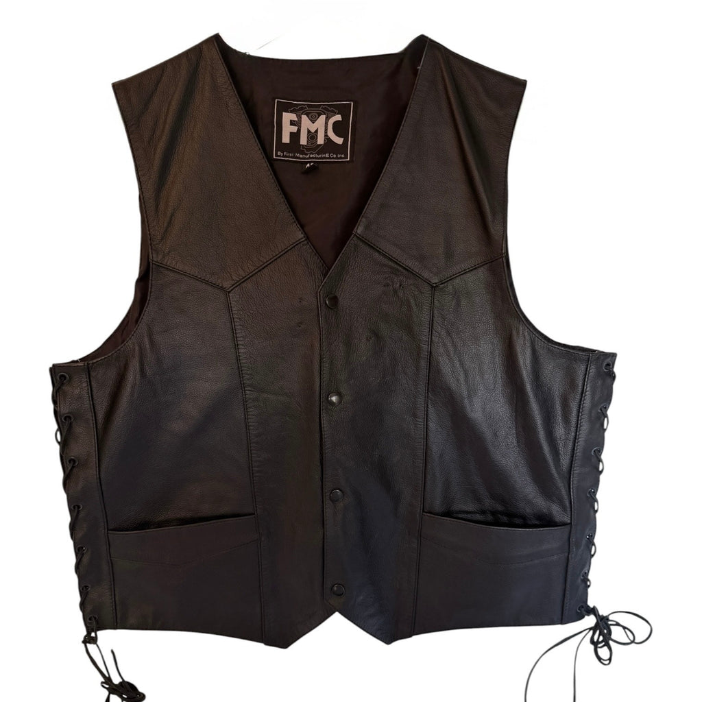 FMC Leather Vest Mens 48 Black Motorcycle Biker Snap Front Vintage