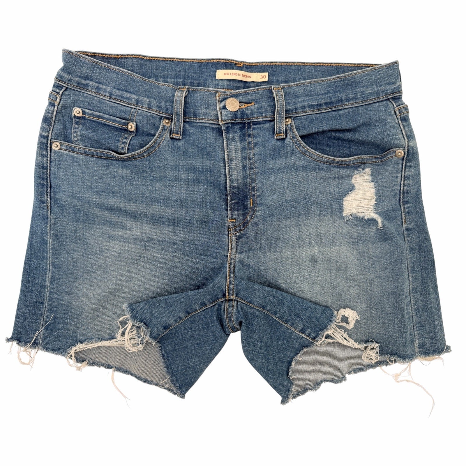Levi's Women's Mid Length Distressed Denim Shorts 30