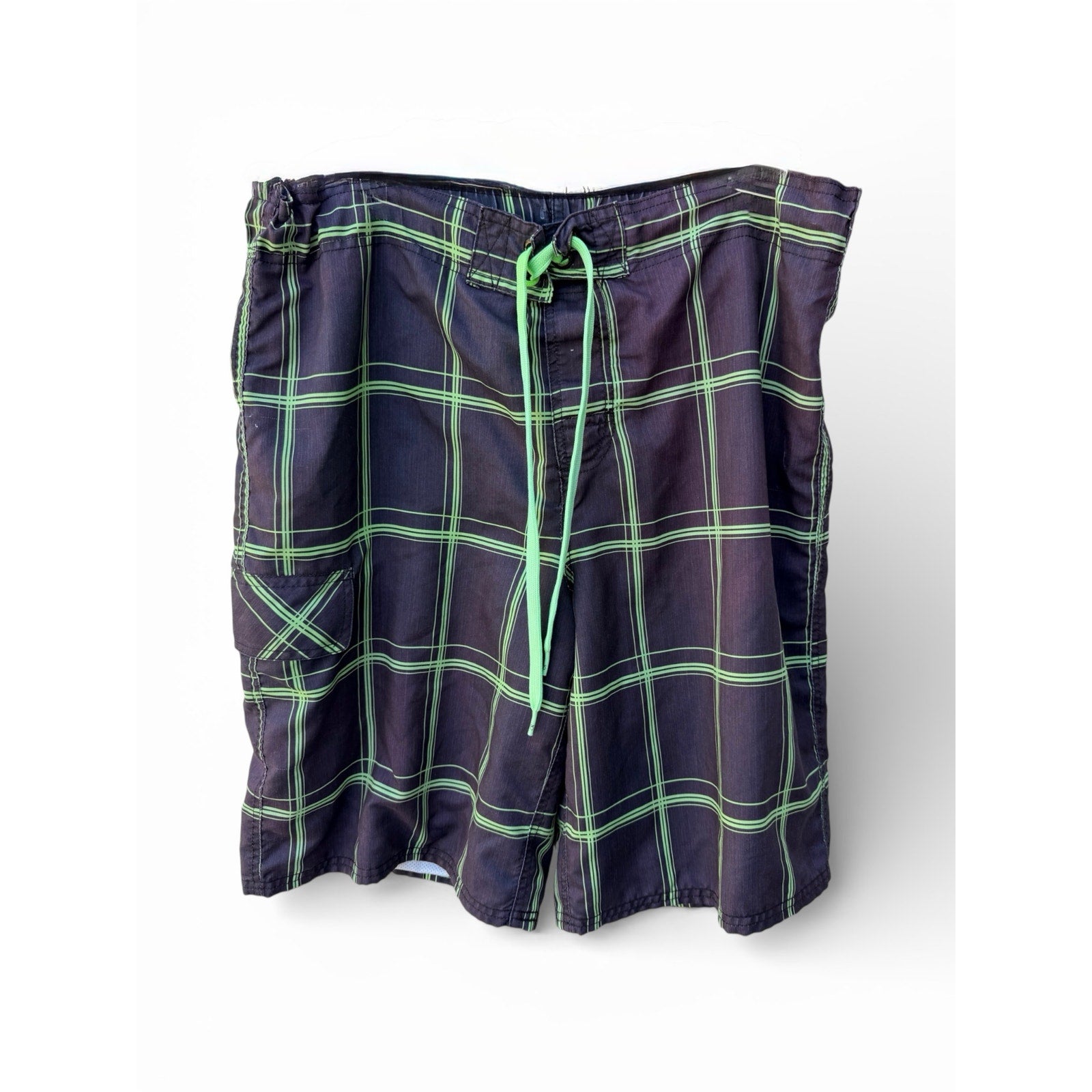 Op Plaid Board Shorts Mens Medium 32-34 Black Green Surf Swim Trunks