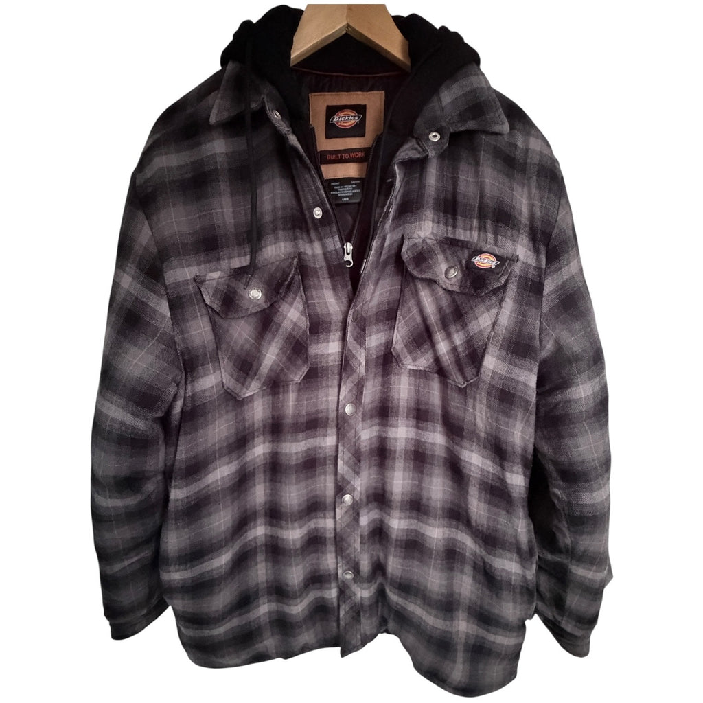 Dickies Built To Work Hooded Flannel Jacket Gray Black Plaid Mens Large