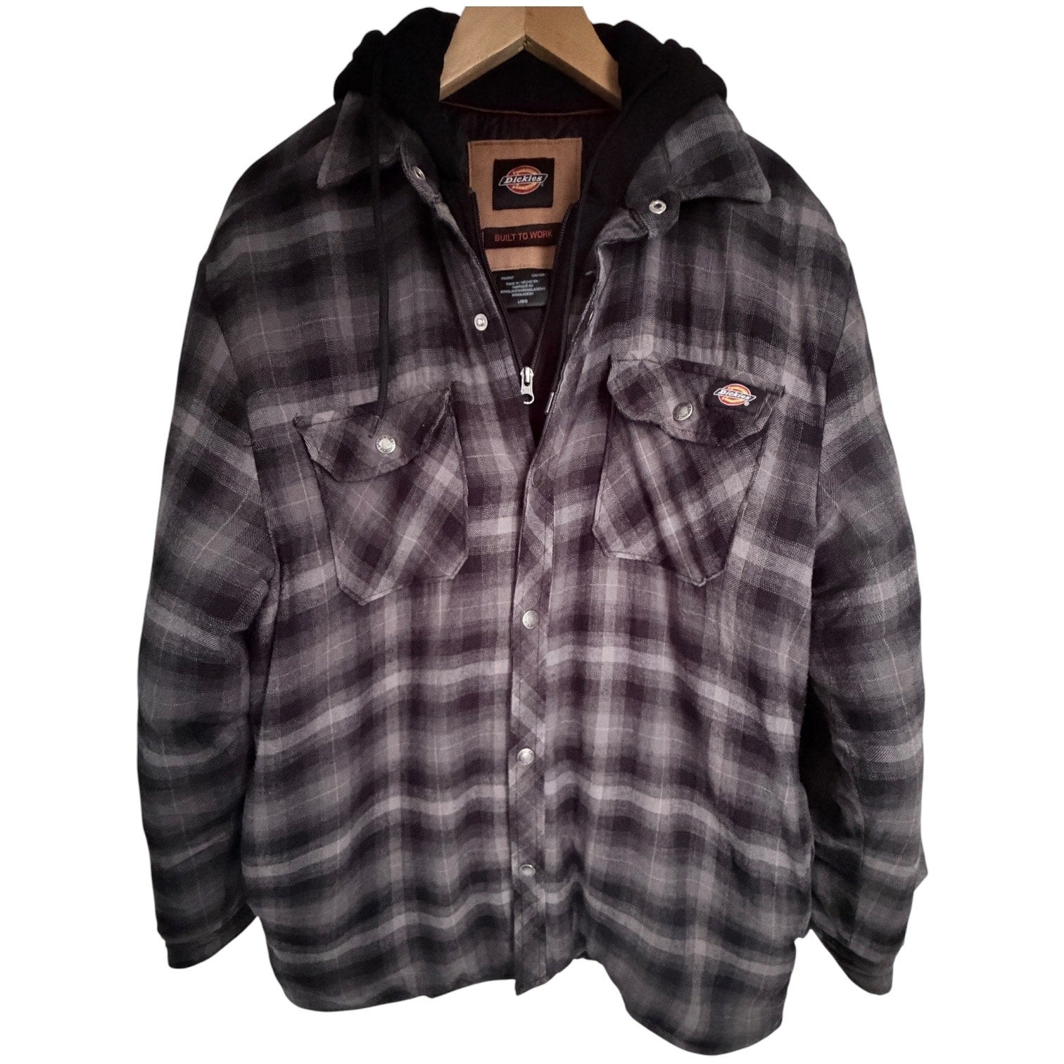 Dickies Built To Work Hooded Flannel Jacket Gray Black Plaid Mens Large