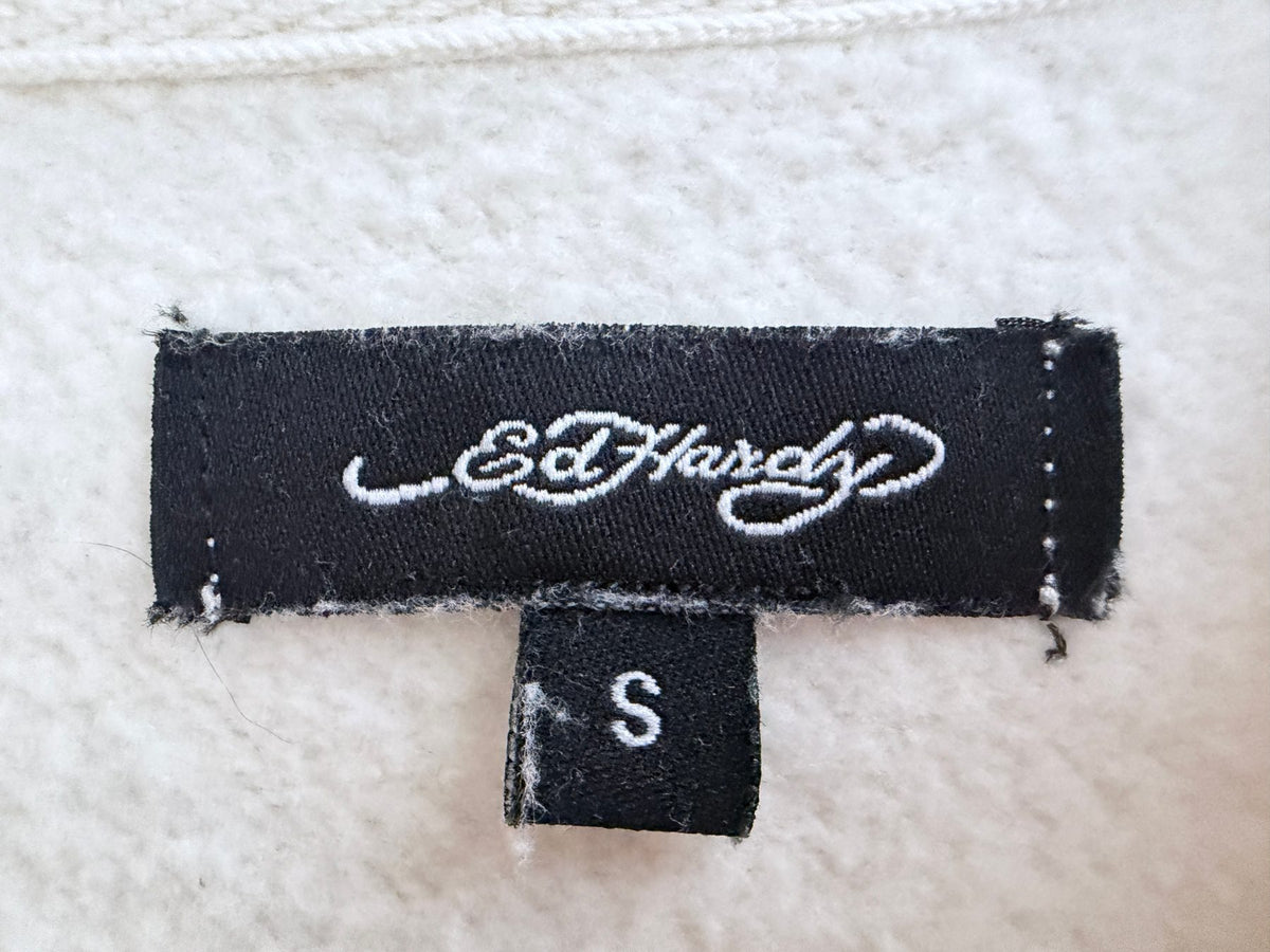 Ed Hardy Women's White Full-Zip Fleece Oversized Hoodie — brand label