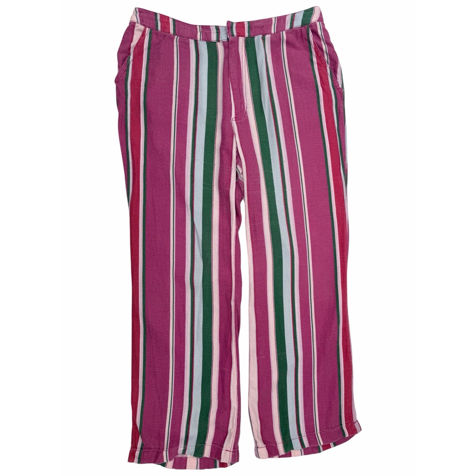Free People Striped Wide Leg Pants Womens Size 6 Pink Green Cropped Linen Blend