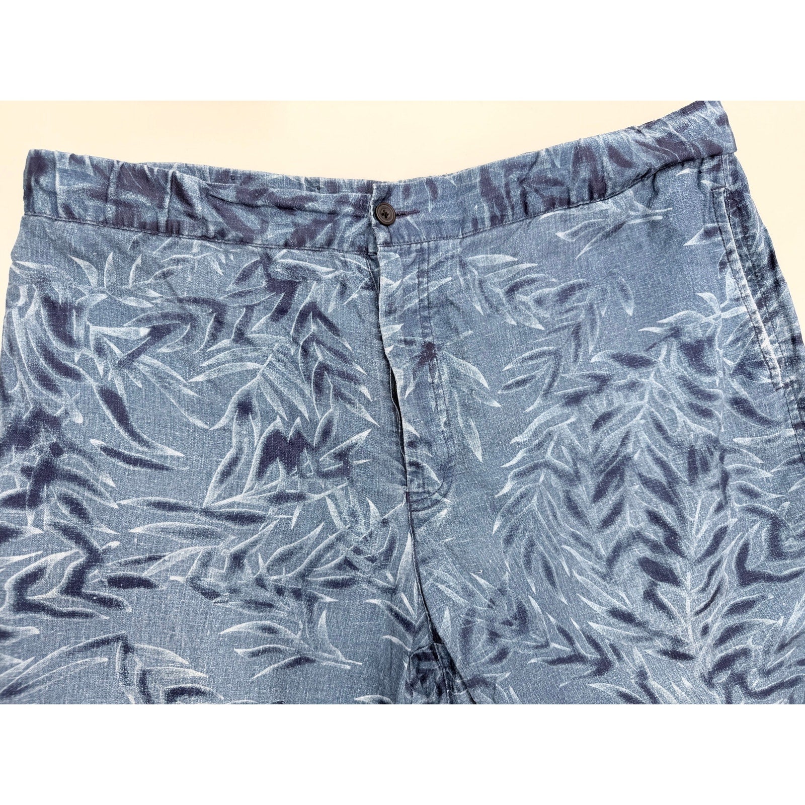 Faconnable Linen Blend Shorts Mens 38 Blue Tropical Leaf Casual Summer Shorts