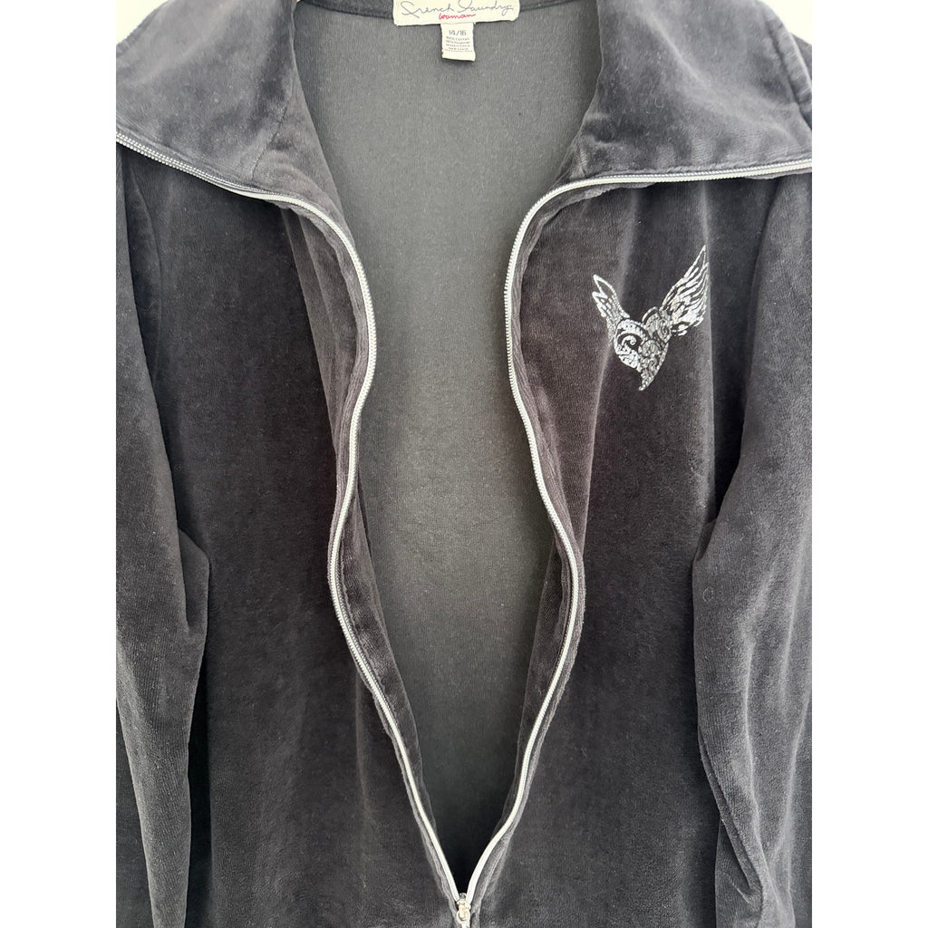 French Laundry Womens 14 16 Black Velour Zip Jacket Embellished Heart Graphic