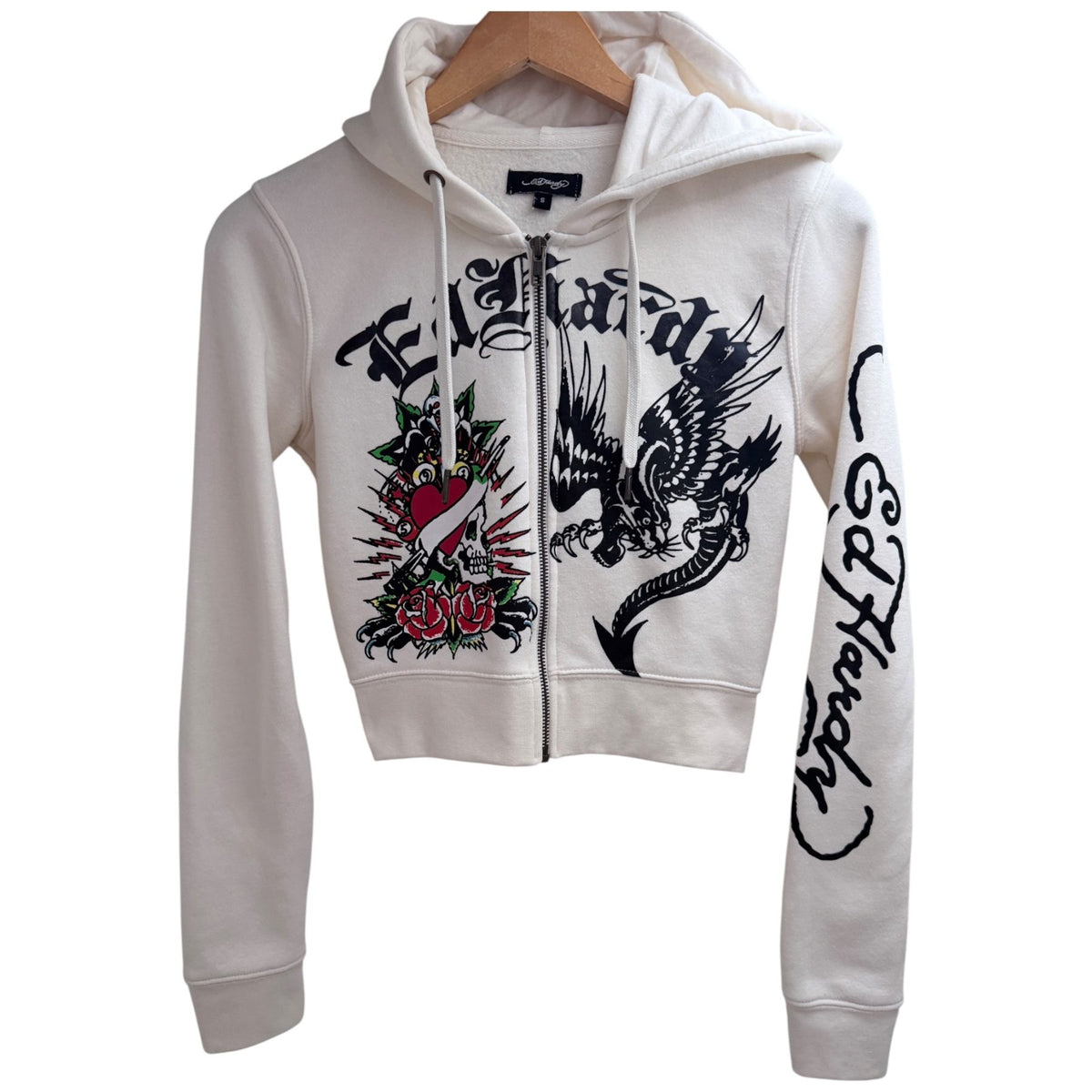 Ed Hardy Women's White Full-Zip Fleece Oversized Hoodie — front view