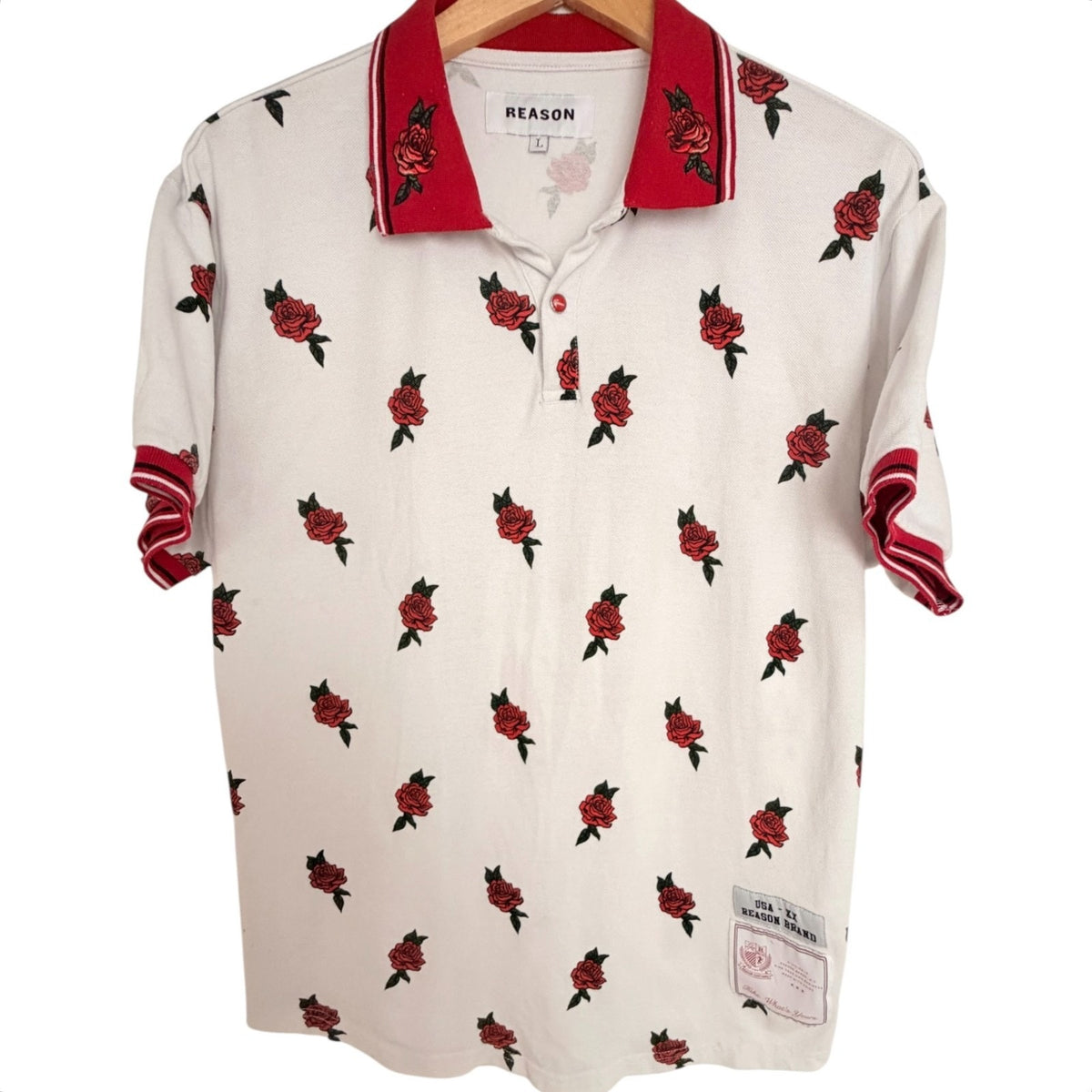 Reason White Red Allover Rose Print Short Sleeve Polo Shirt - Men's L
