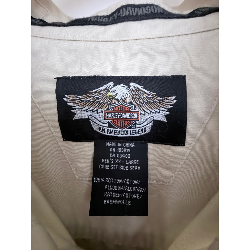Harley Davidson Mens 2XL Button Front Shirt Beige Graphic Back Cotton Motorcycle