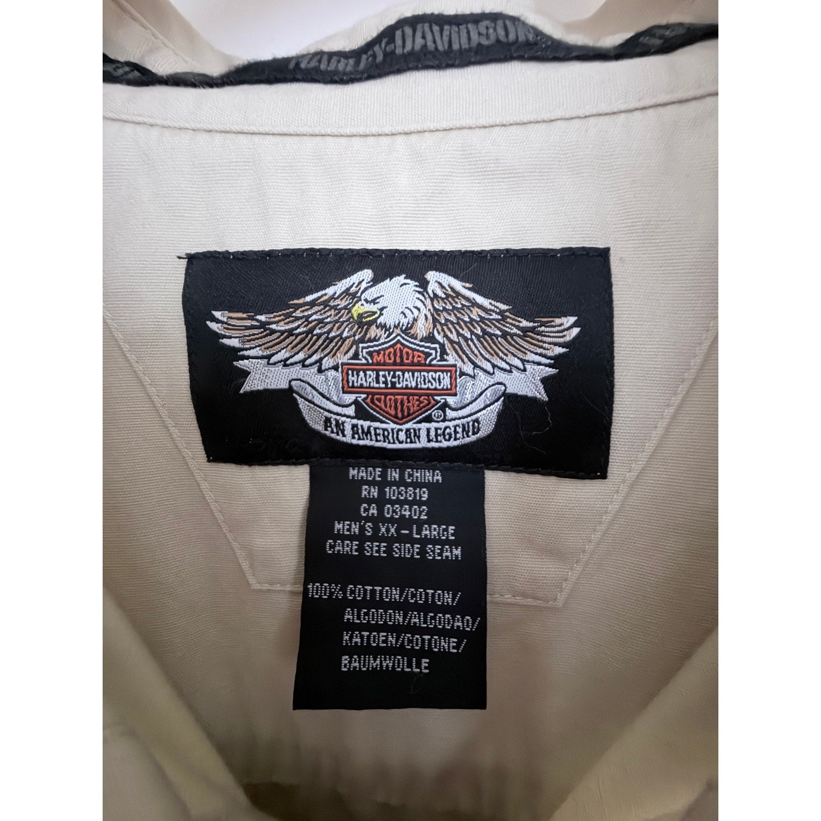 Harley Davidson Mens 2XL Button Front Shirt Beige Graphic Back Cotton Motorcycle