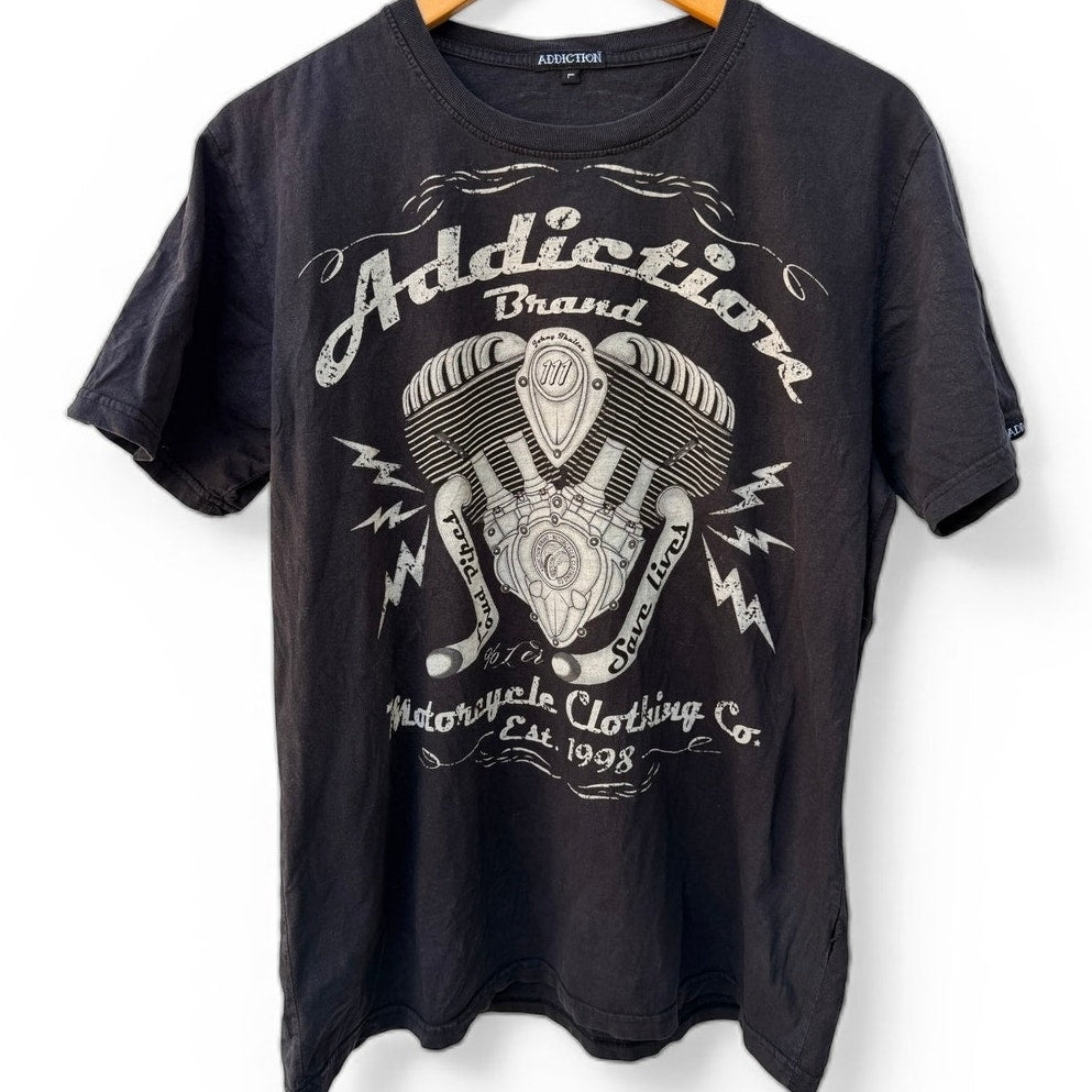 Addiction Brand Motorcycle Graphic T Shirt Mens Large Black Biker Double Sided