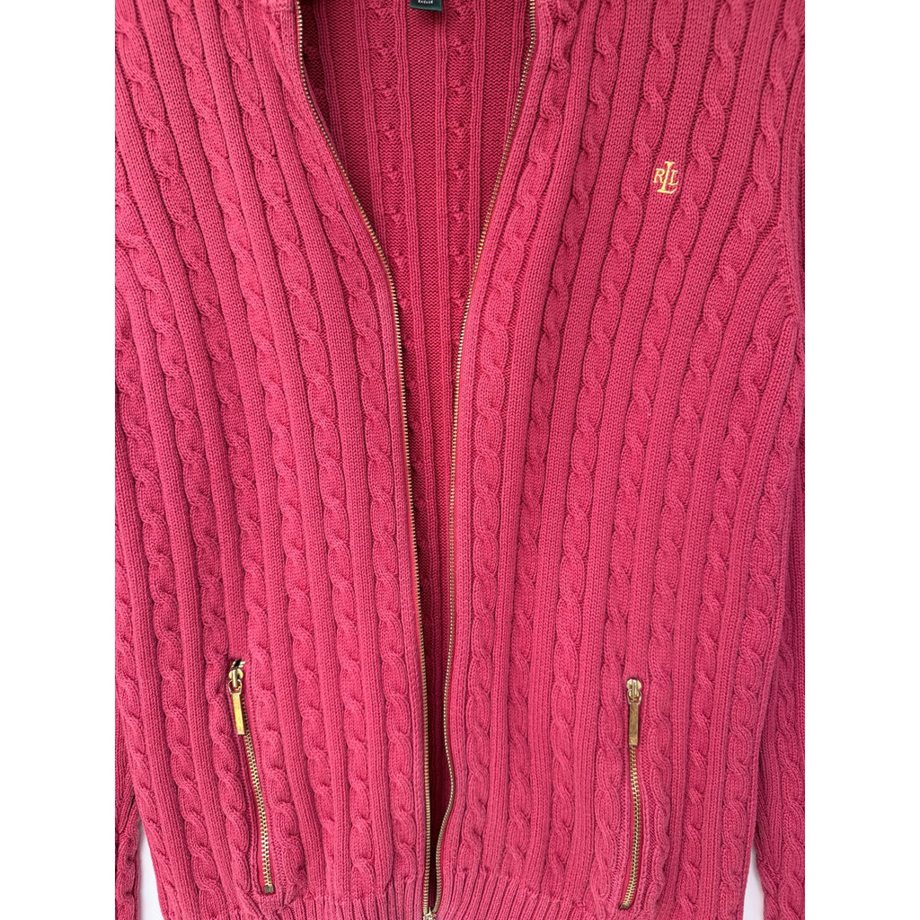 Lauren Ralph Lauren Sweater Womens Large Pink Cable Knit Full Zip Cotton