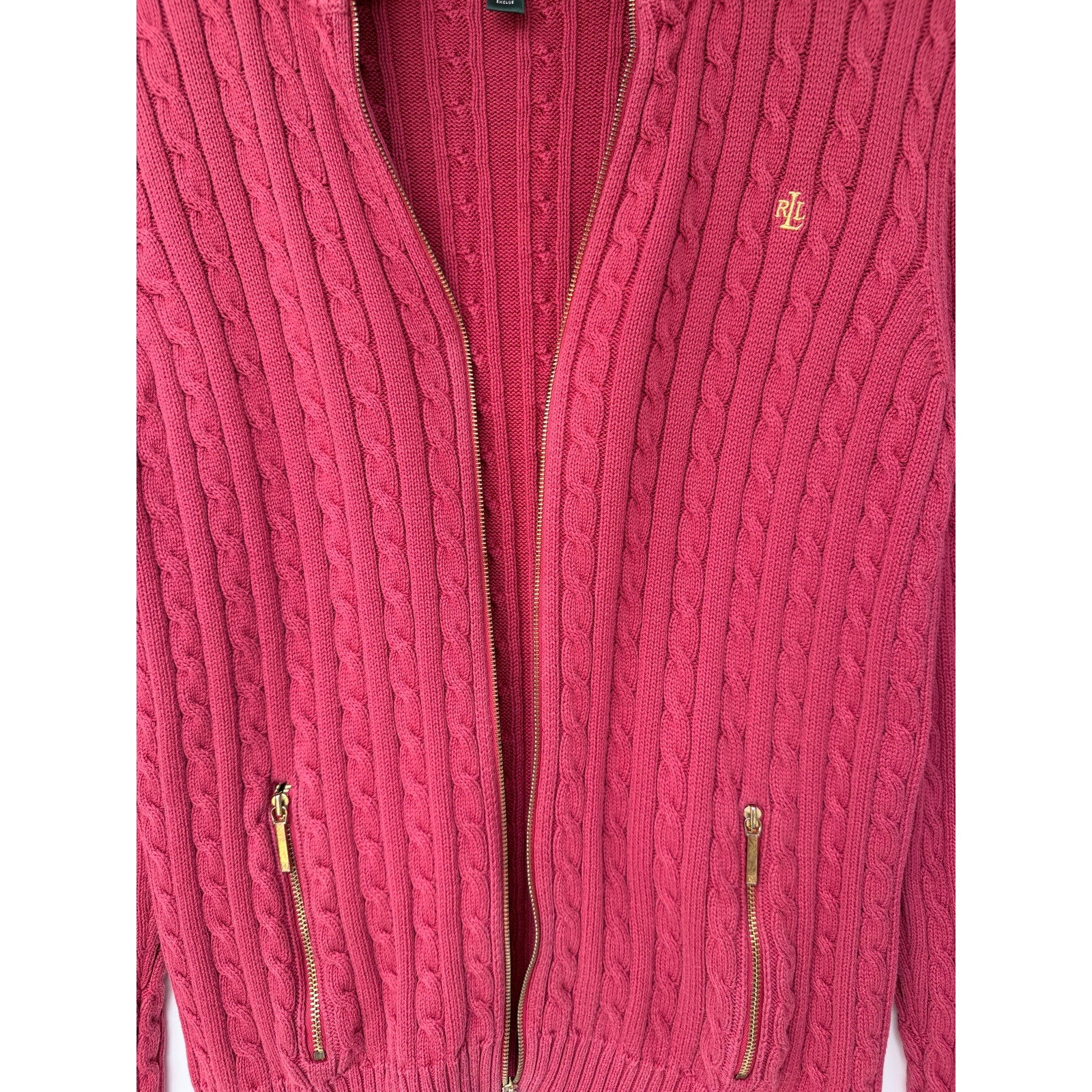 Lauren Ralph Lauren Sweater Womens Large Pink Cable Knit Full Zip Cotton