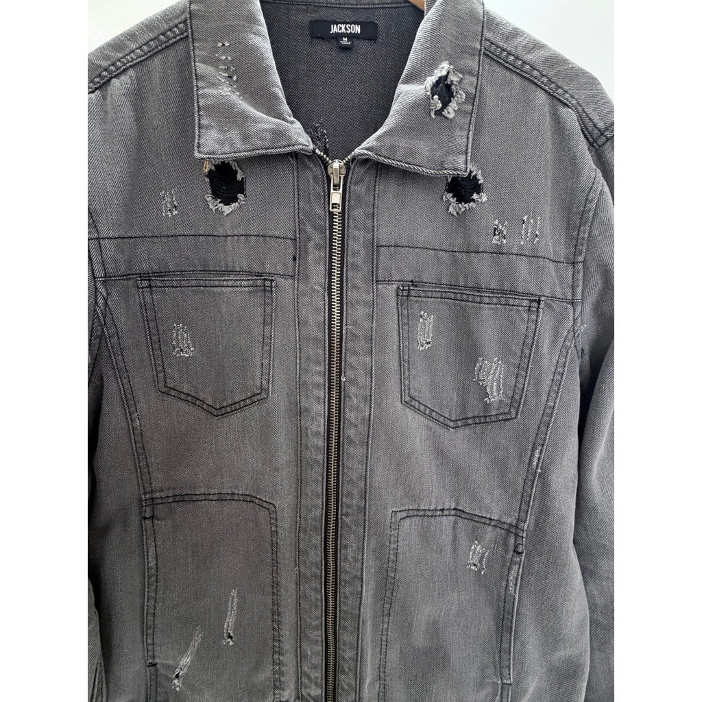 Jackson Distressed Denim Jacket Mens Medium Gray Full Zip Grunge Streetwear