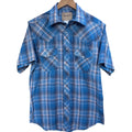 Wrangler Western Snap Button Shirt Mens Medium Blue Plaid Short Sleeve Cowboy