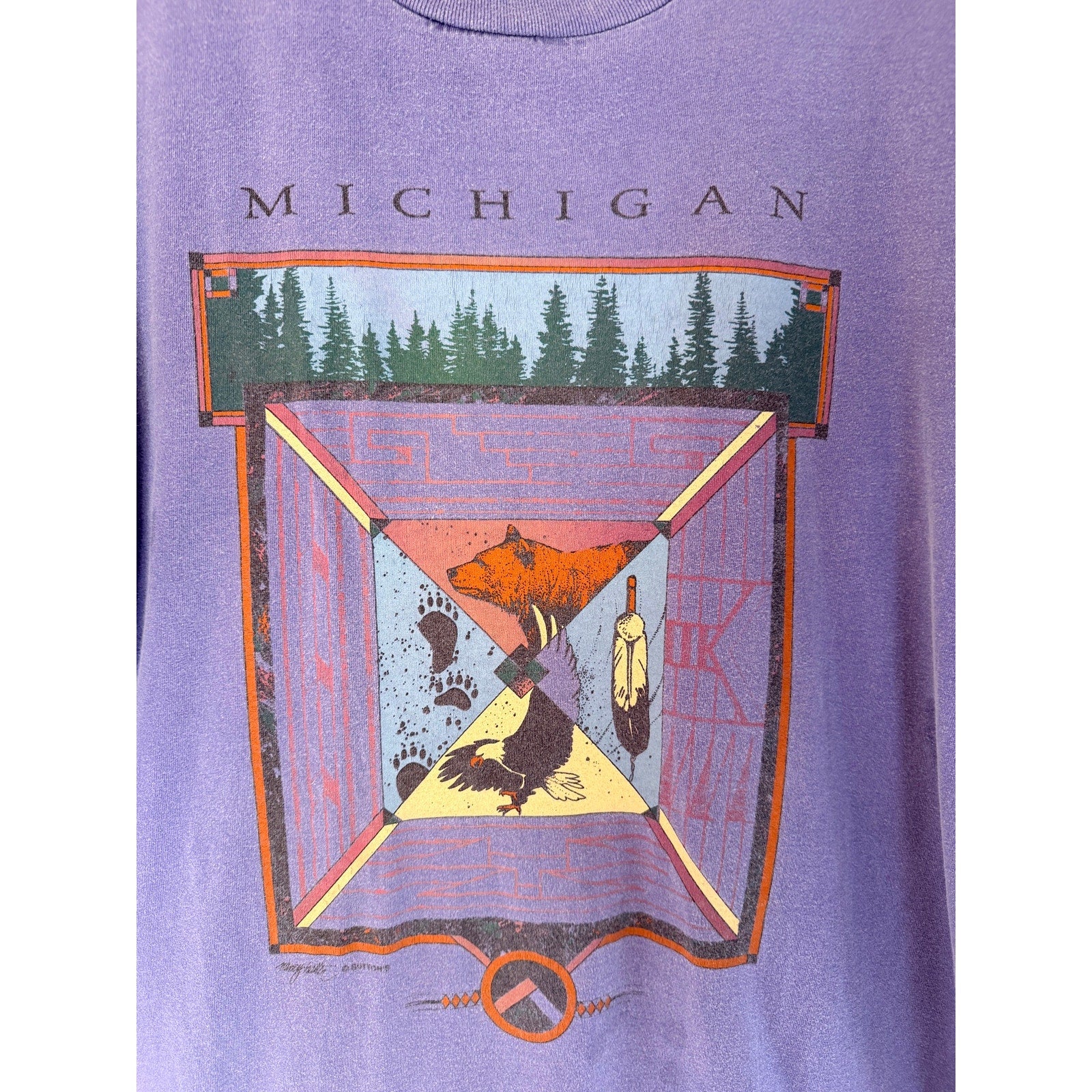 Michigan Graphic T Shirt Mens XL Purple Native American Art Vintage Style