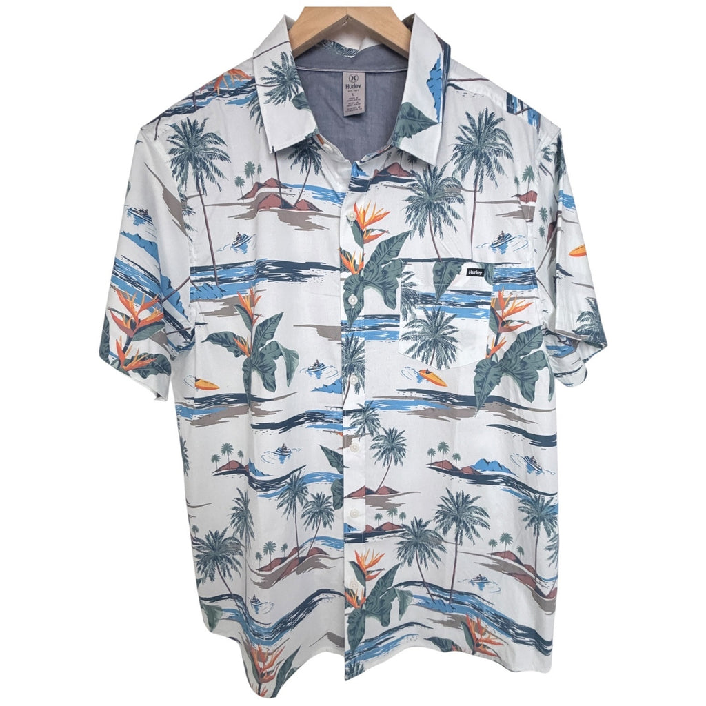 Hurley Hawaiian Shirt Mens Large White Tropical Palm Tree Short Sleeve Button Up
