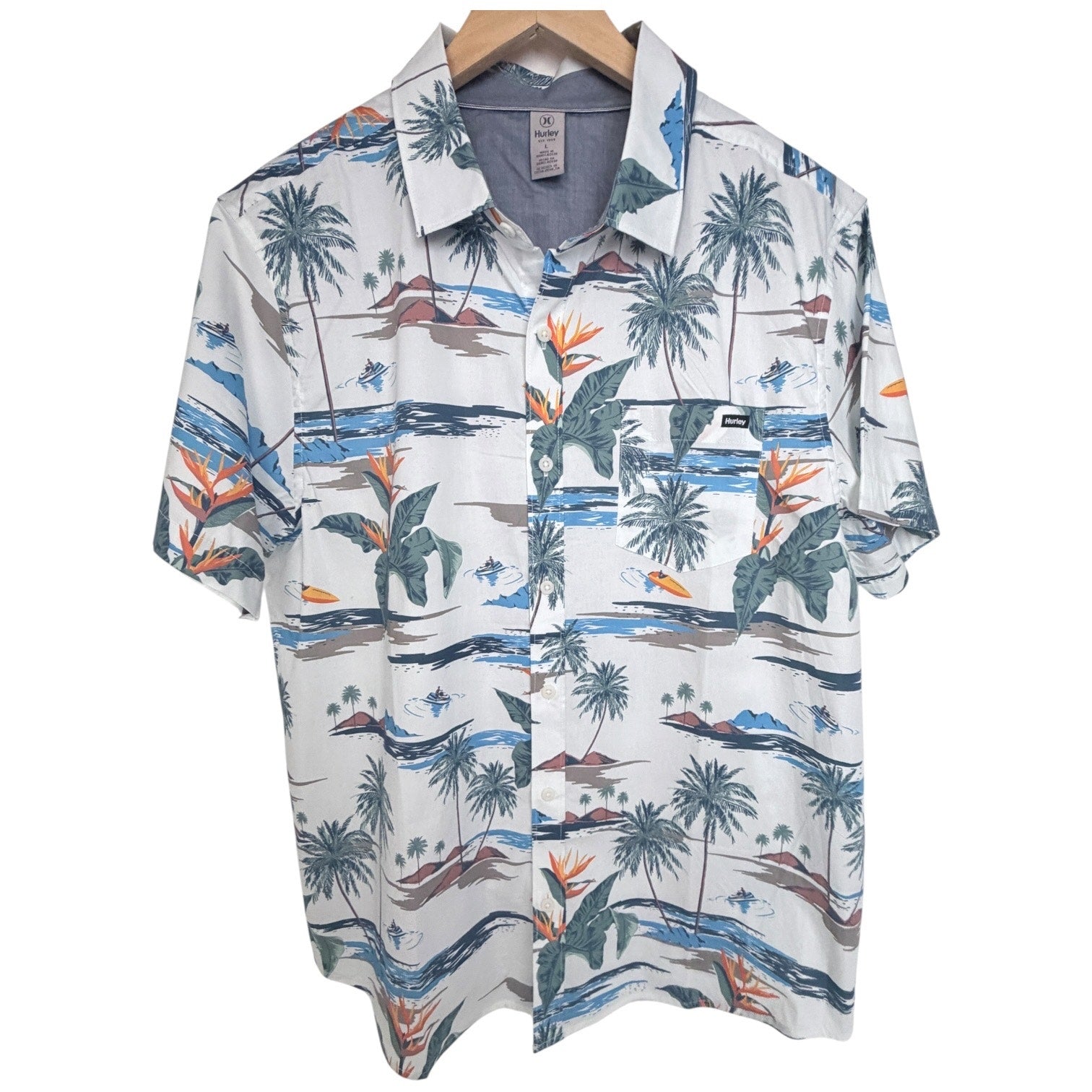 Hurley Hawaiian Shirt Mens Large White Tropical Palm Tree Short Sleeve Button Up