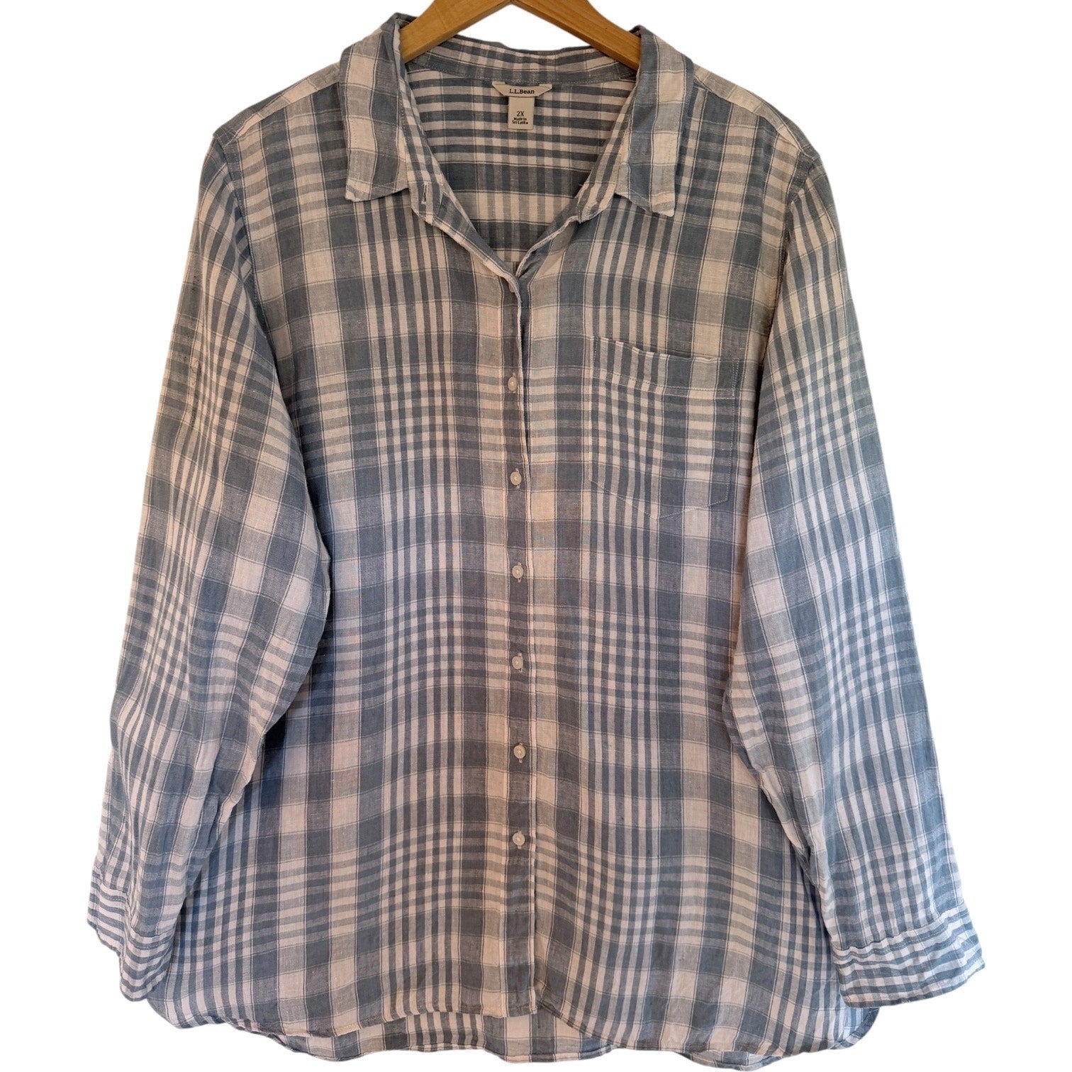 L.L.Bean Plaid Button Up Shirt Womens 2X Blue White Long Sleeve