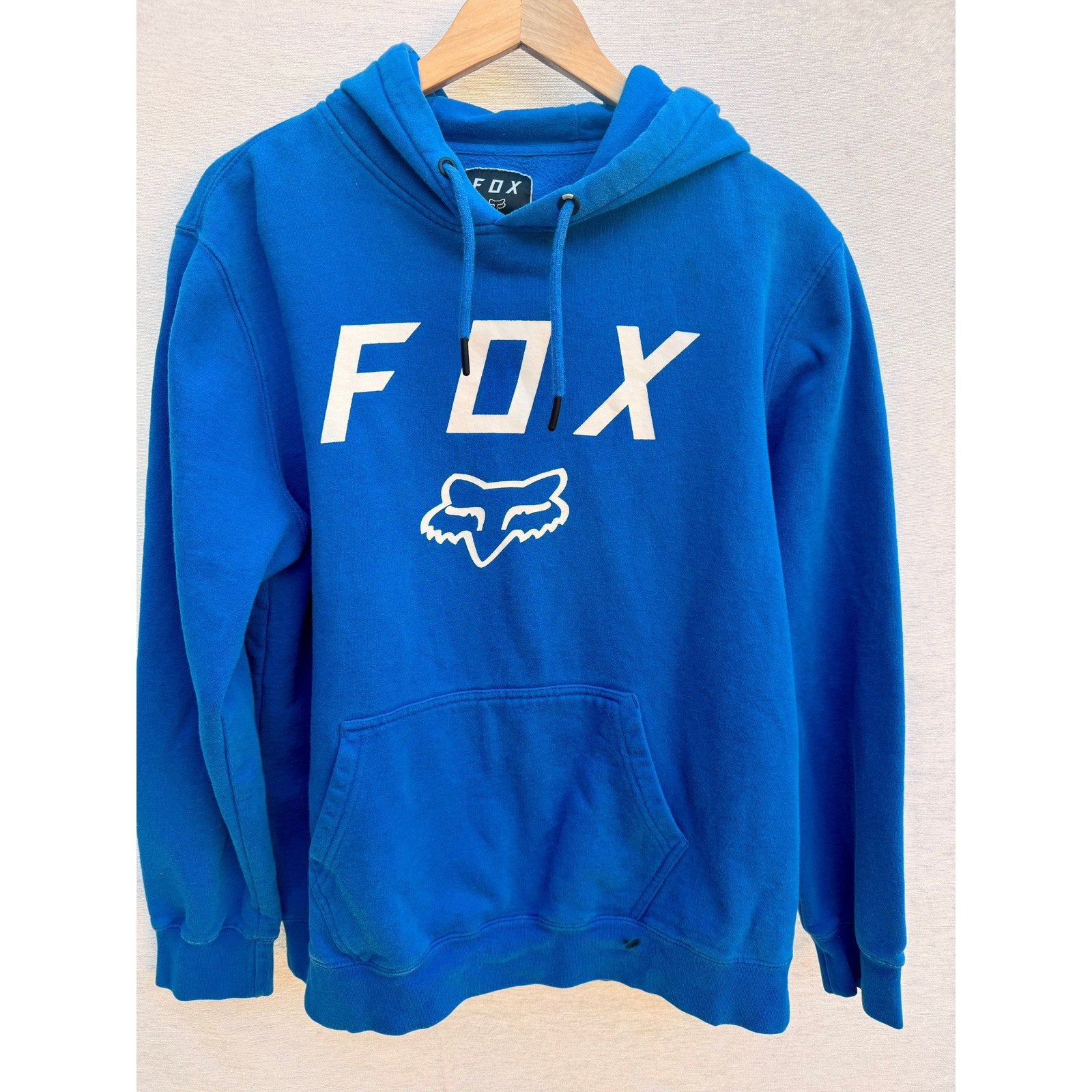 Fox Racing Hoodie Men’s Large Blue Pullover Sweatshirt Fleece Spellout Logo