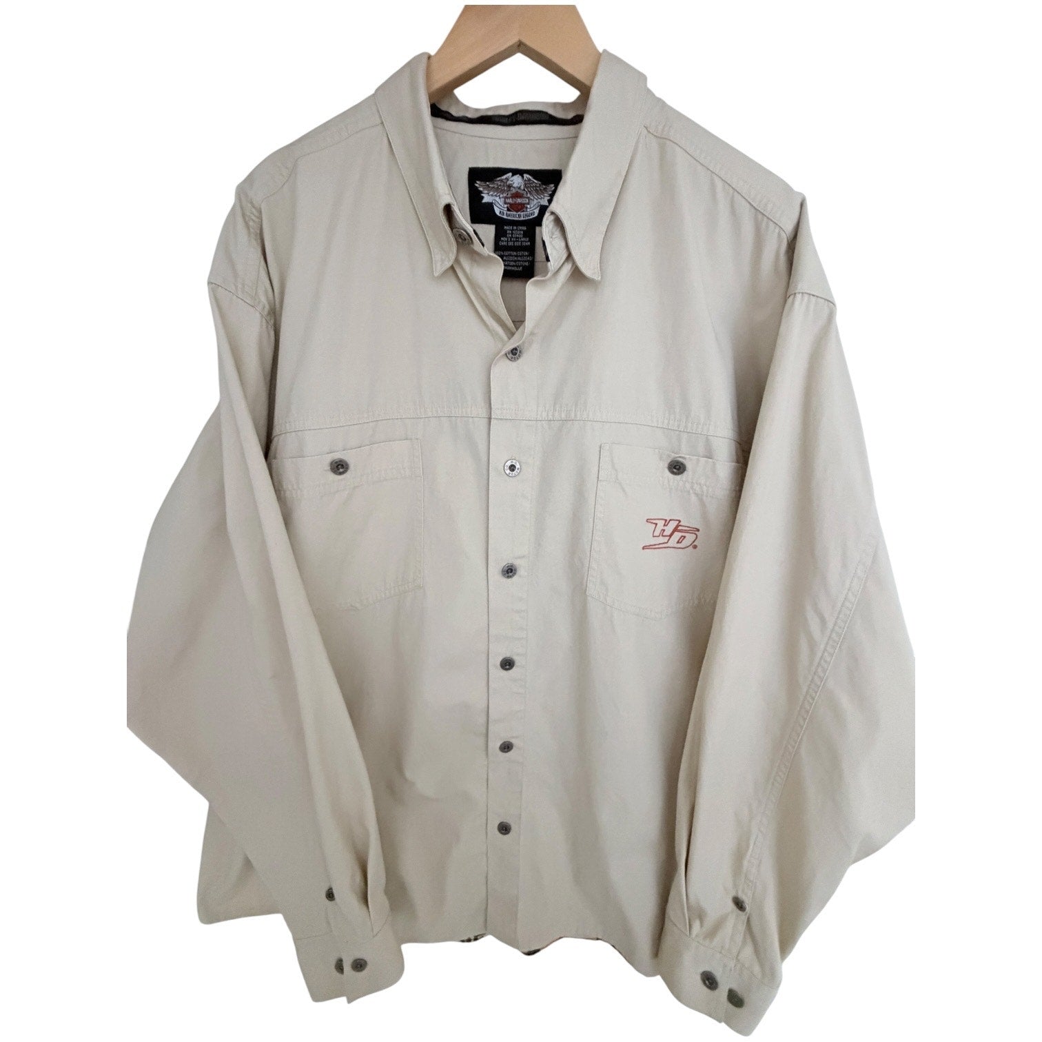 Harley Davidson Mens 2XL Button Front Shirt Beige Graphic Back Cotton Motorcycle