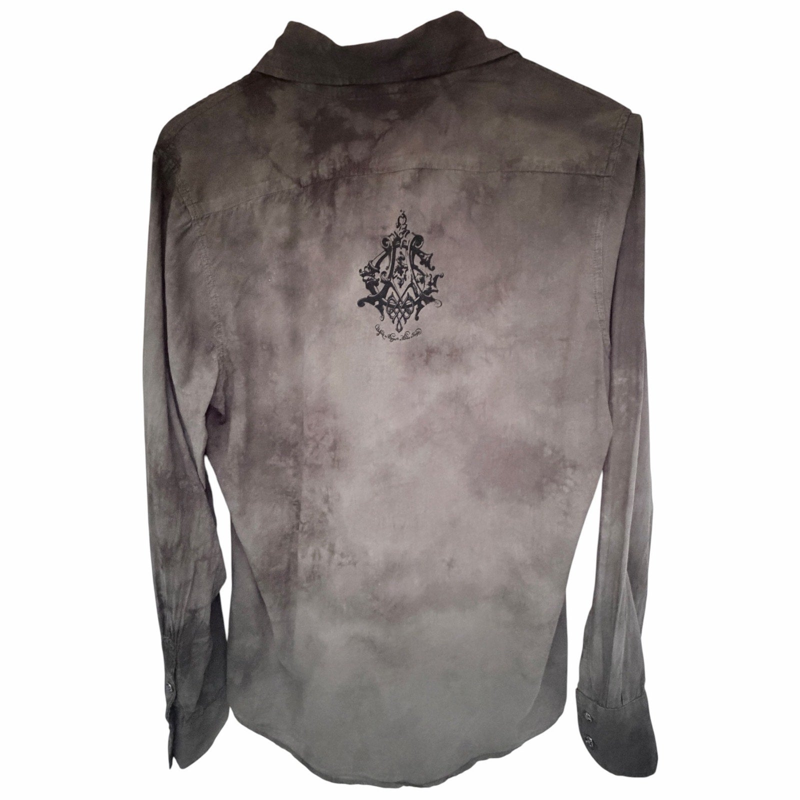 Affliction Mens Button Front Shirt Medium Gray Acid Wash Graphic Long Sleeve USA