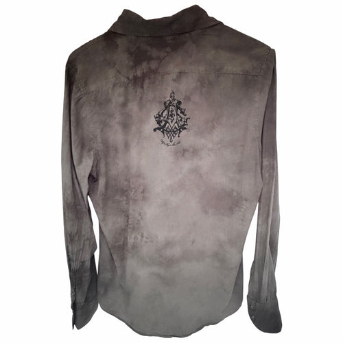 Affliction Mens Button Front Shirt Medium Gray Acid Wash Graphic Long Sleeve USA