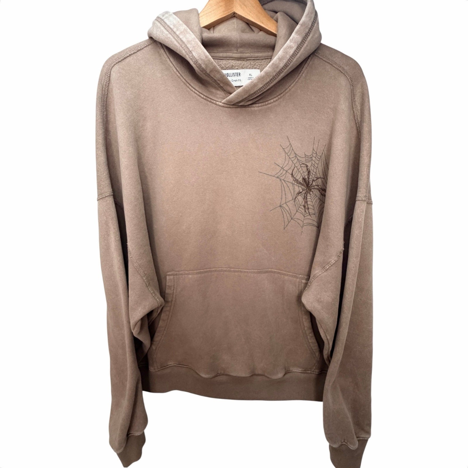 Hollister Baggy Cinch Spider Web Graphic Hoodie Mens XL Brown Embroidered