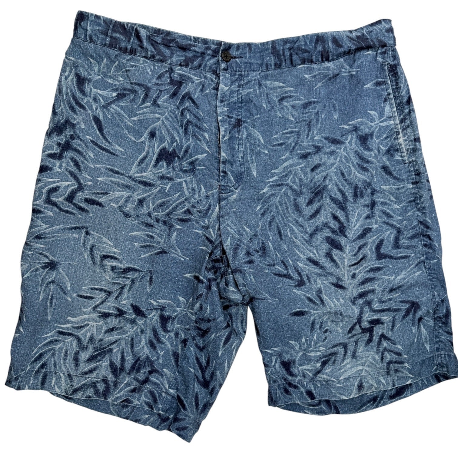 Faconnable Linen Blend Shorts Mens 38 Blue Tropical Leaf Casual Summer Shorts