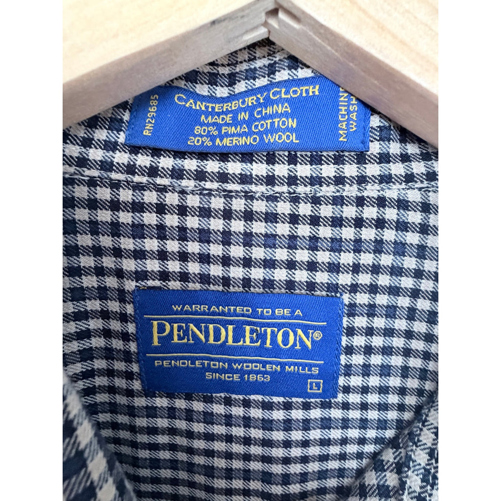 Pendleton Canterbury Cloth Button Down Shirt Mens L Blue White Check Wool Cotton