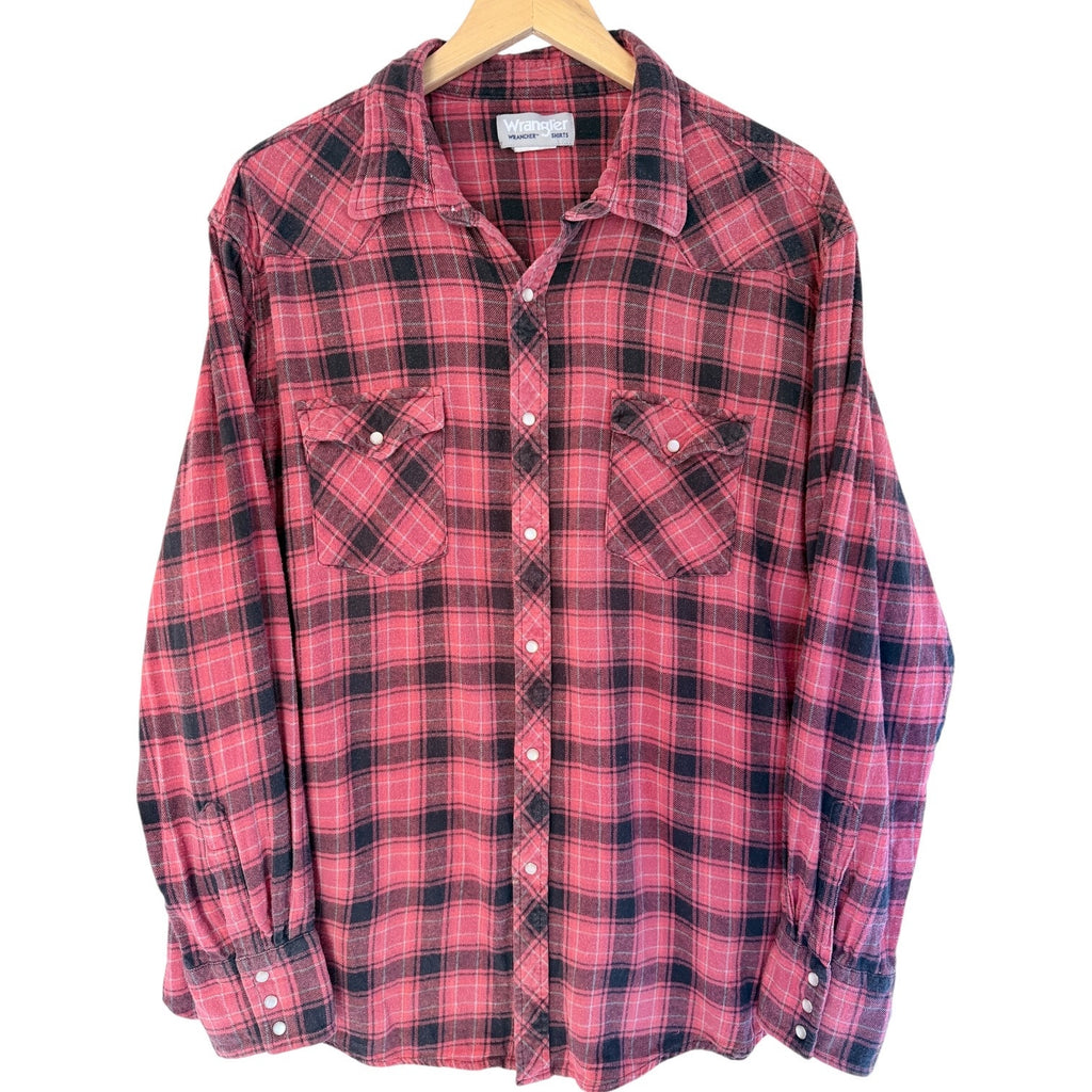 Wrangler Rancher Flannel Shirt Mens XXL Red Black Plaid Pearl Snap Western