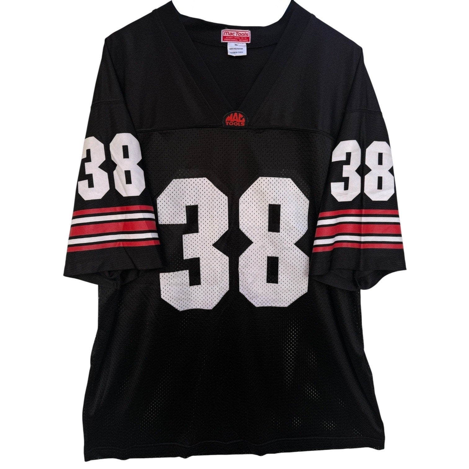 Mac Tools Football Jersey Mens XL Black Mesh #38 Graphic V Neck Mechanic Shirt