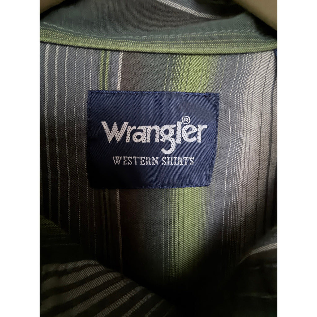 Wrangler Western Shirt Mens Medium Green Gray Pearl Snap Long Sleeve Cowboy
