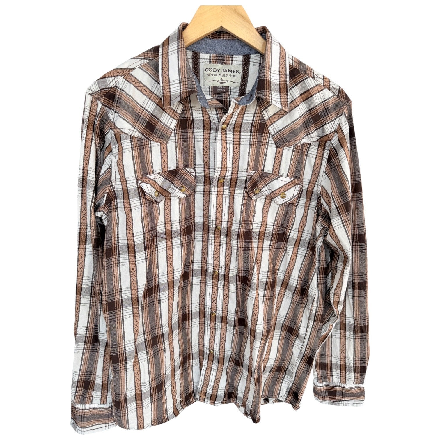 Cody James Western Shirt Mens Medium Brown White Plaid Pearl Snap Cowboy Rodeo
