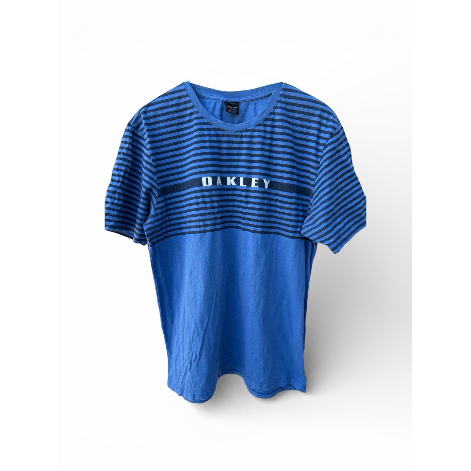 Oakley Striped Logo T Shirt Mens 2XL Blue Athletic Casual Graphic Tee