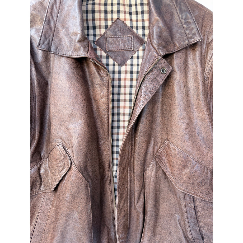 Vintage Leather Jacket Mens XL Brown Distressed Bomber Korea Made Plaid Lined additional view 4