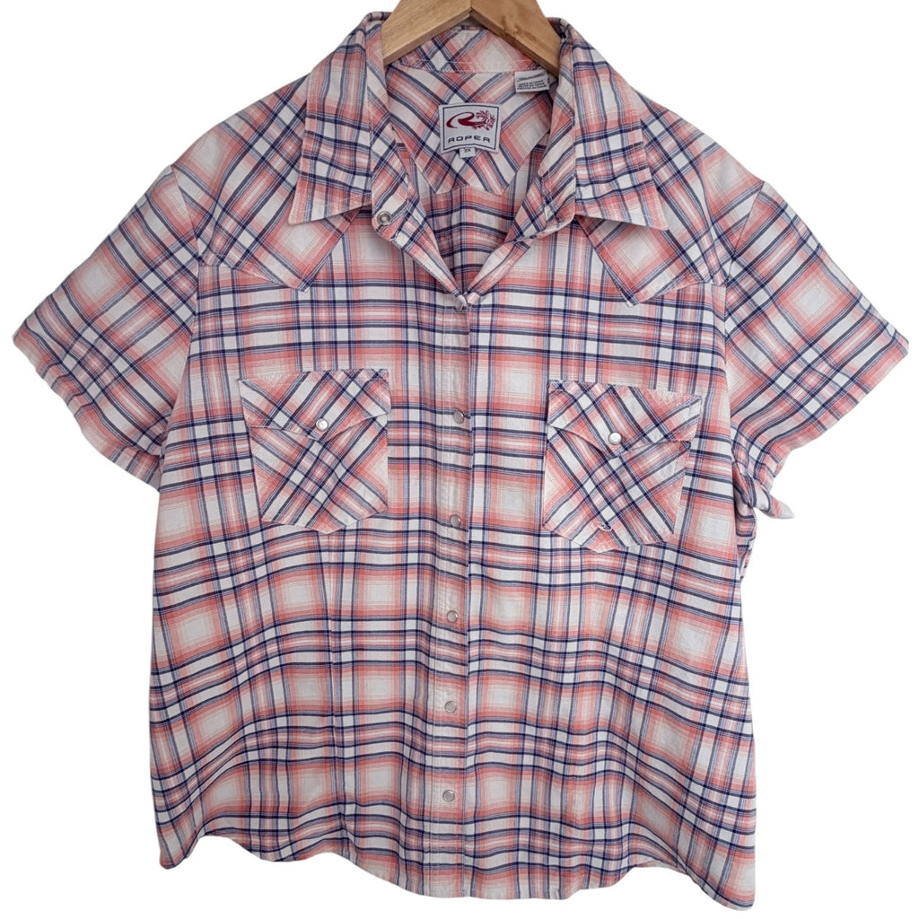 Roper Western Snap Shirt Womens 2X Pink Plaid Short Sleeve Pearl Snap Cowboy