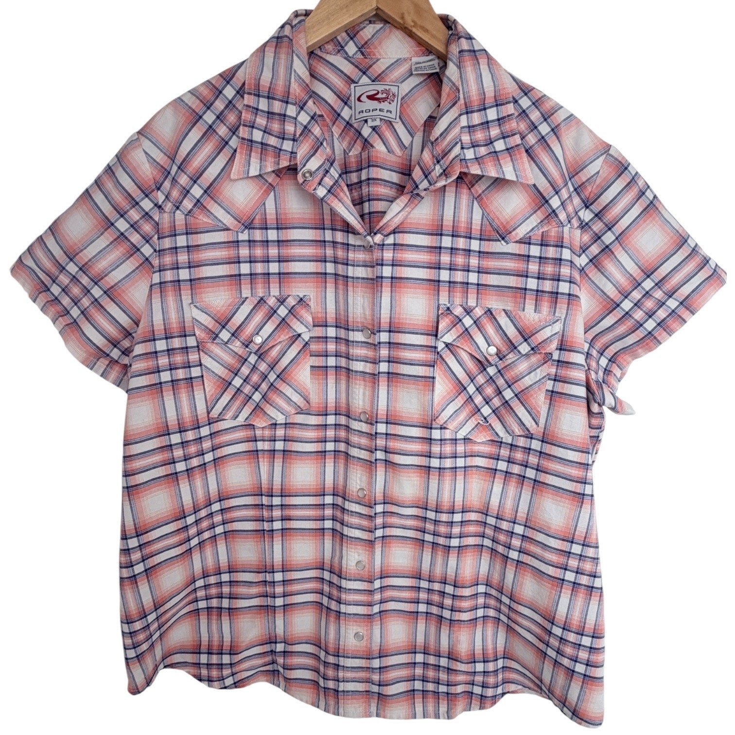 Roper Western Snap Shirt Womens 2X Pink Plaid Short Sleeve Pearl Snap Cowboy