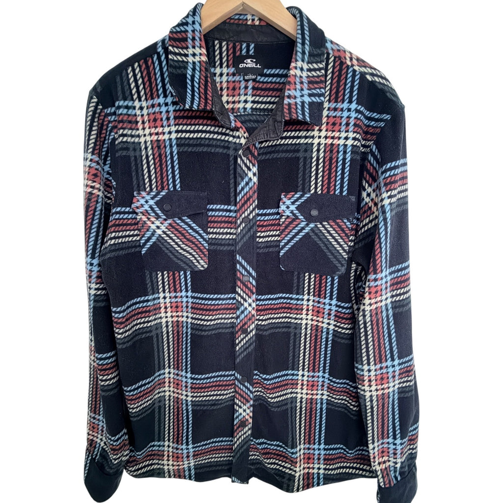 O'Neill Superfleece Plaid Shacket Mens Large Black Blue Snap Front Jacket