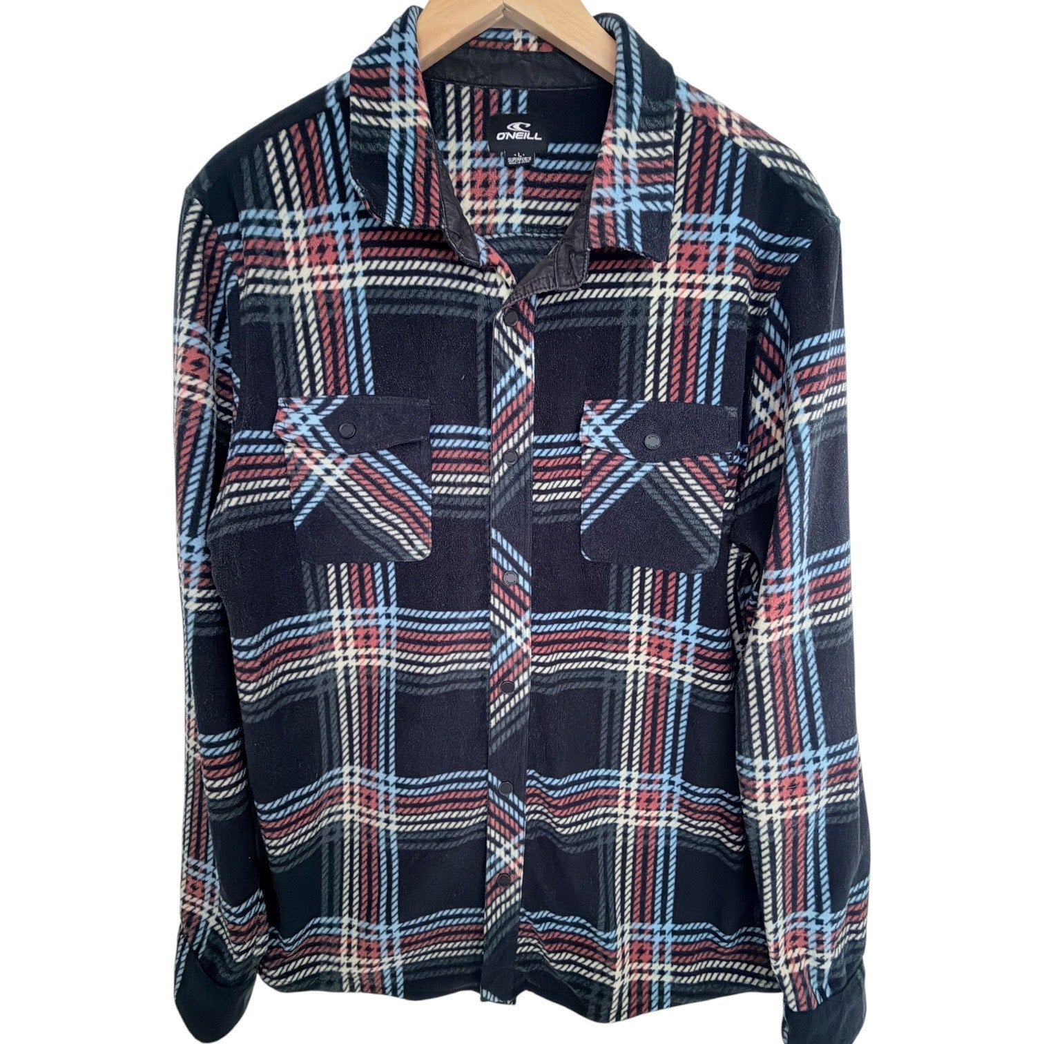 O'Neill Superfleece Plaid Shacket Mens Large Black Blue Snap Front Jacket