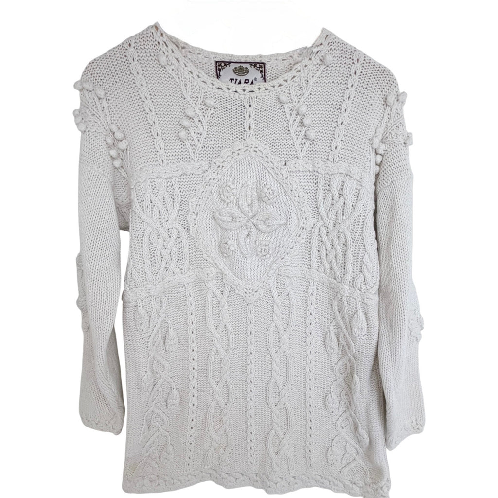 Tiara International Womens M Ivory Cable Knit Sweater Ramie Cotton Vintage 1995