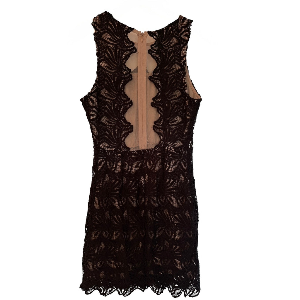 J.O.A Lace Dress Womens Medium Black Taupe Sleeveless Sheer Back Cocktail